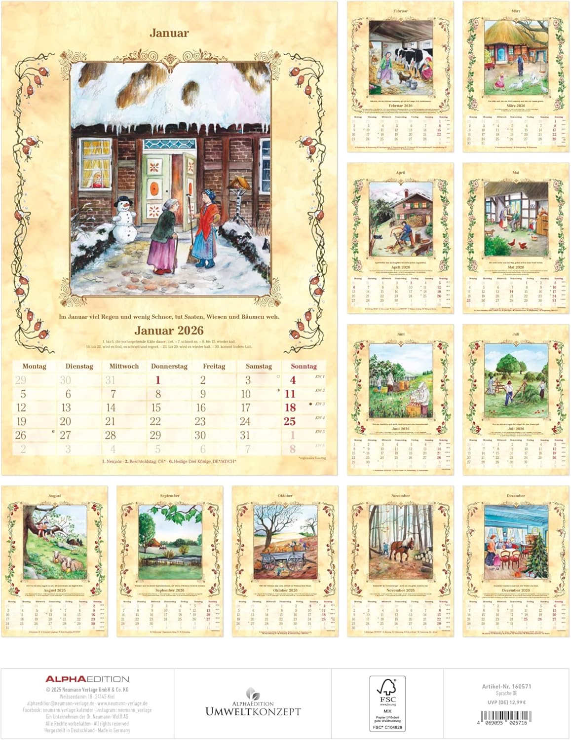 Thumbnail 1 de Alpha Edition Bauernkalender 2026 – Bildkalender 29,7×42 cm mit Bauernregeln & Platz für Notizen