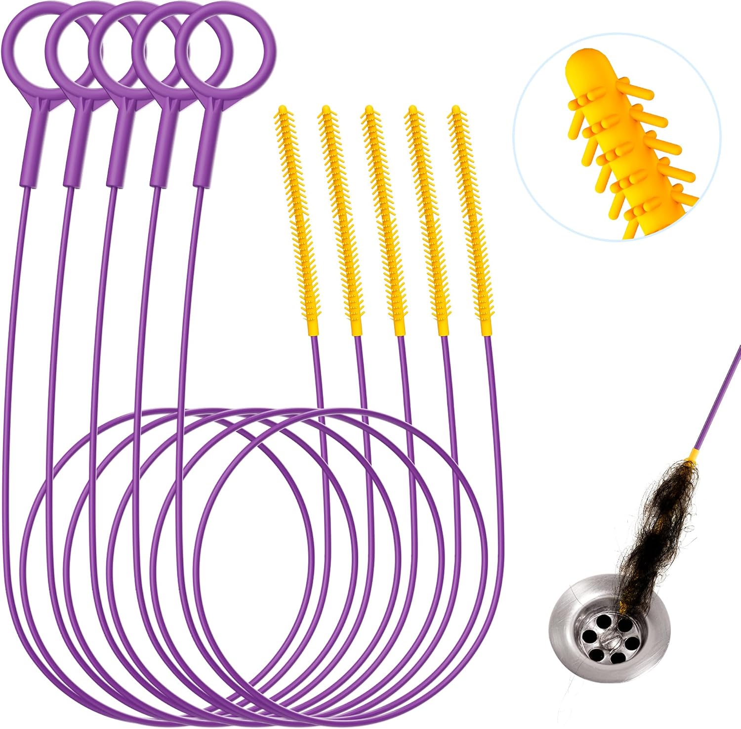 Detalle de Drainsoon RMHS35-5P 35-Inch Drain Snake, Reusable 5-Pack with 270-Bristle Head