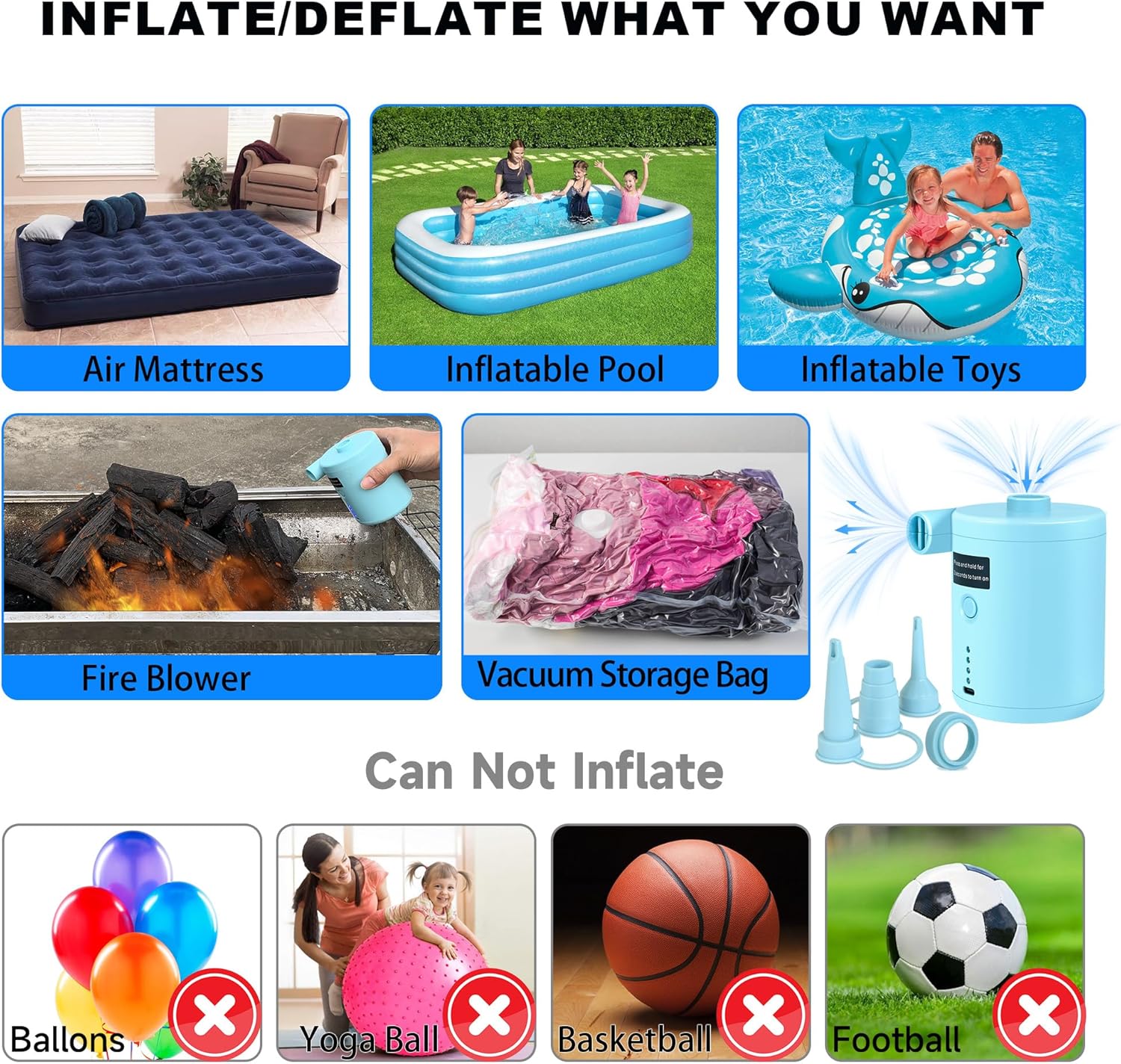 Thumbnail 4 de Air Pump for Air Mattress and Inflatables: Compact, High-Output Inflator with 4 Nozzles