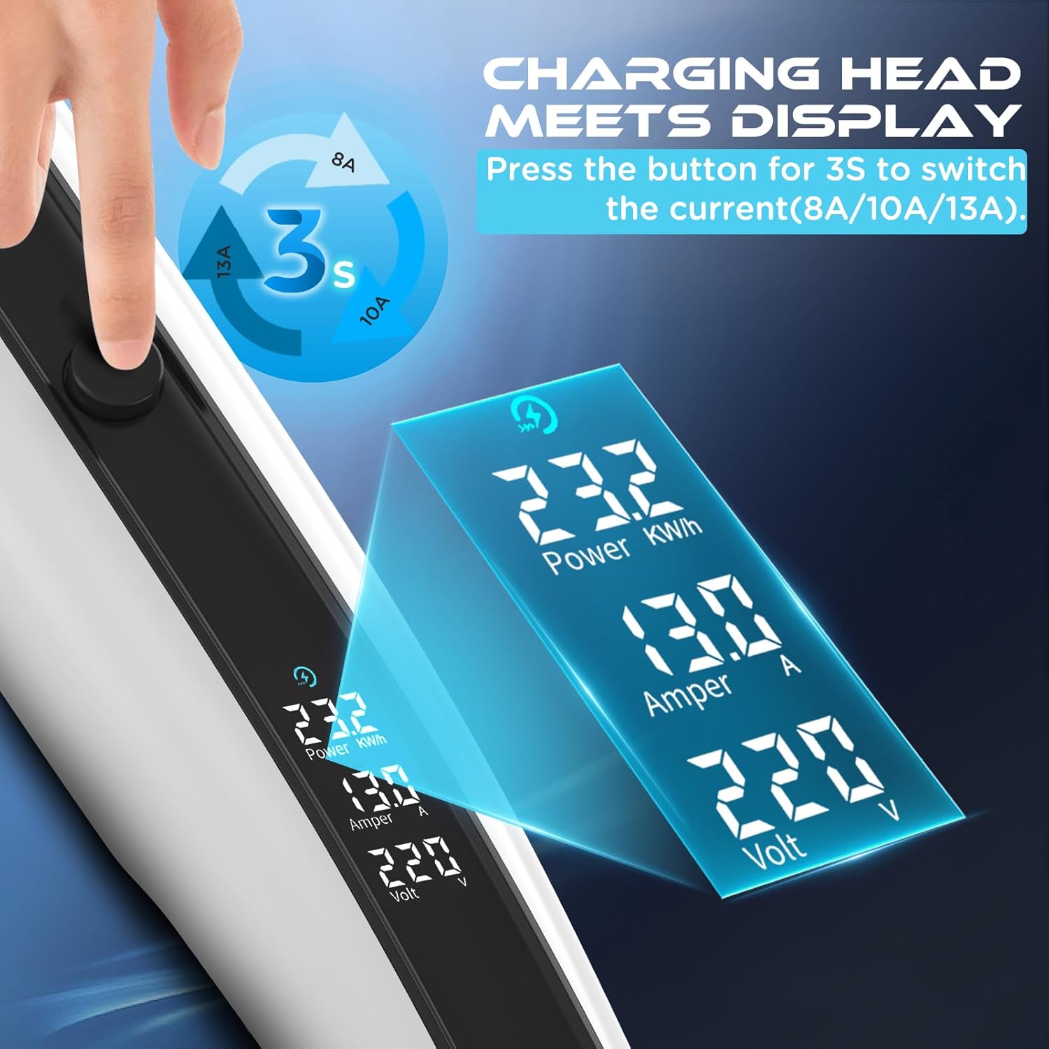 Thumbnail 1 de Portable EV charging cable Type 2 to 3-pin plug, 3kW (8/10/13A) with LED display and storage bag – 7.5m (White)