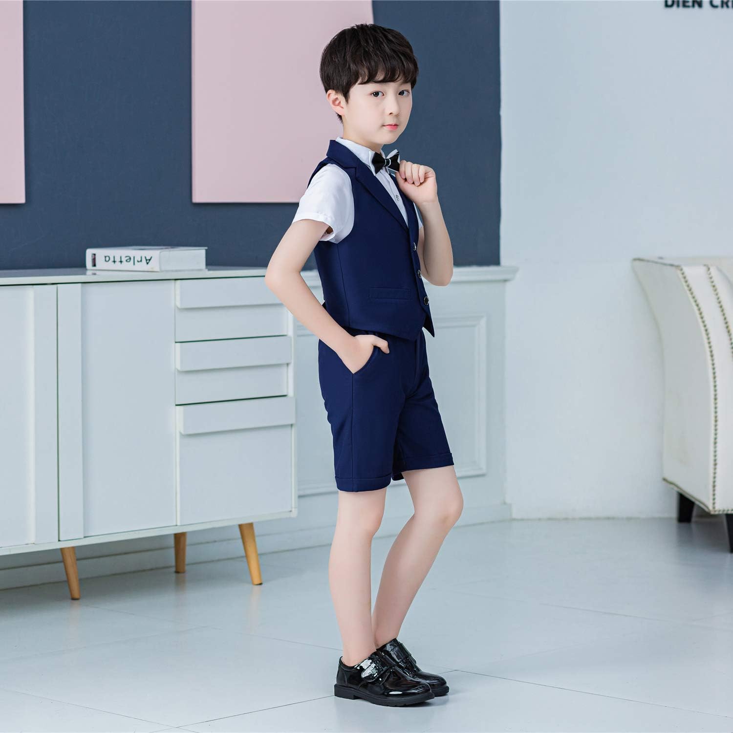 Detalle de LOLANTA 4-teiliges Kinder Freizeit Anzug Set – Jungen Sommer Hochzeitsanzug mit Hemd, Fliege, Weste und Shorts