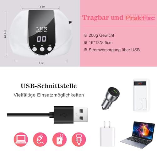 Detalle de LKE UV Lampe 54W für Gel-Nägel – Tragbar, USB-betrieben, 3 Timer, LCD Display, Auto-Sensor