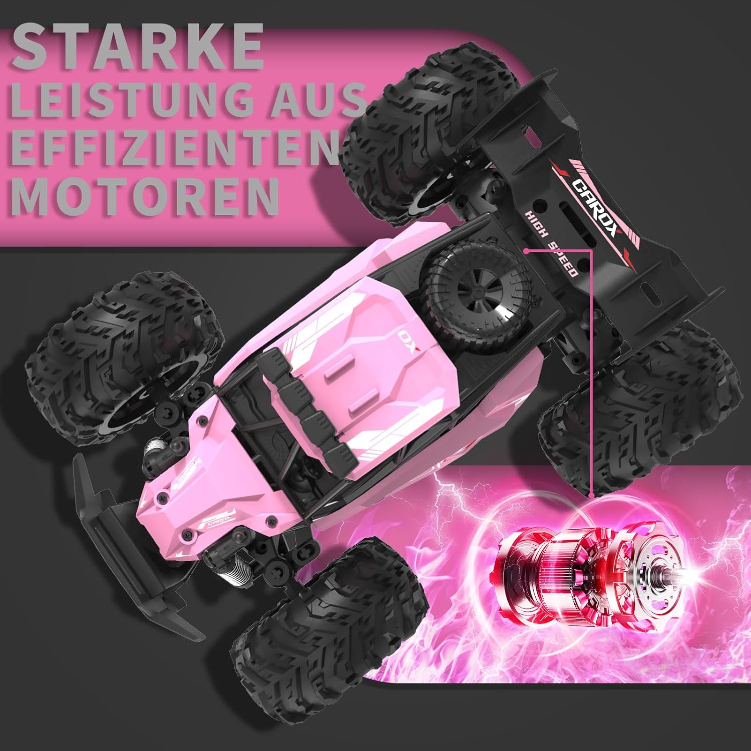 Detalle 2 de Carox ferngesteuertes Auto für Mädchen ab 6 – Pinkes Geländewagen-RC mit 2 Akkus, 25 km/h, 2.4 GHz
