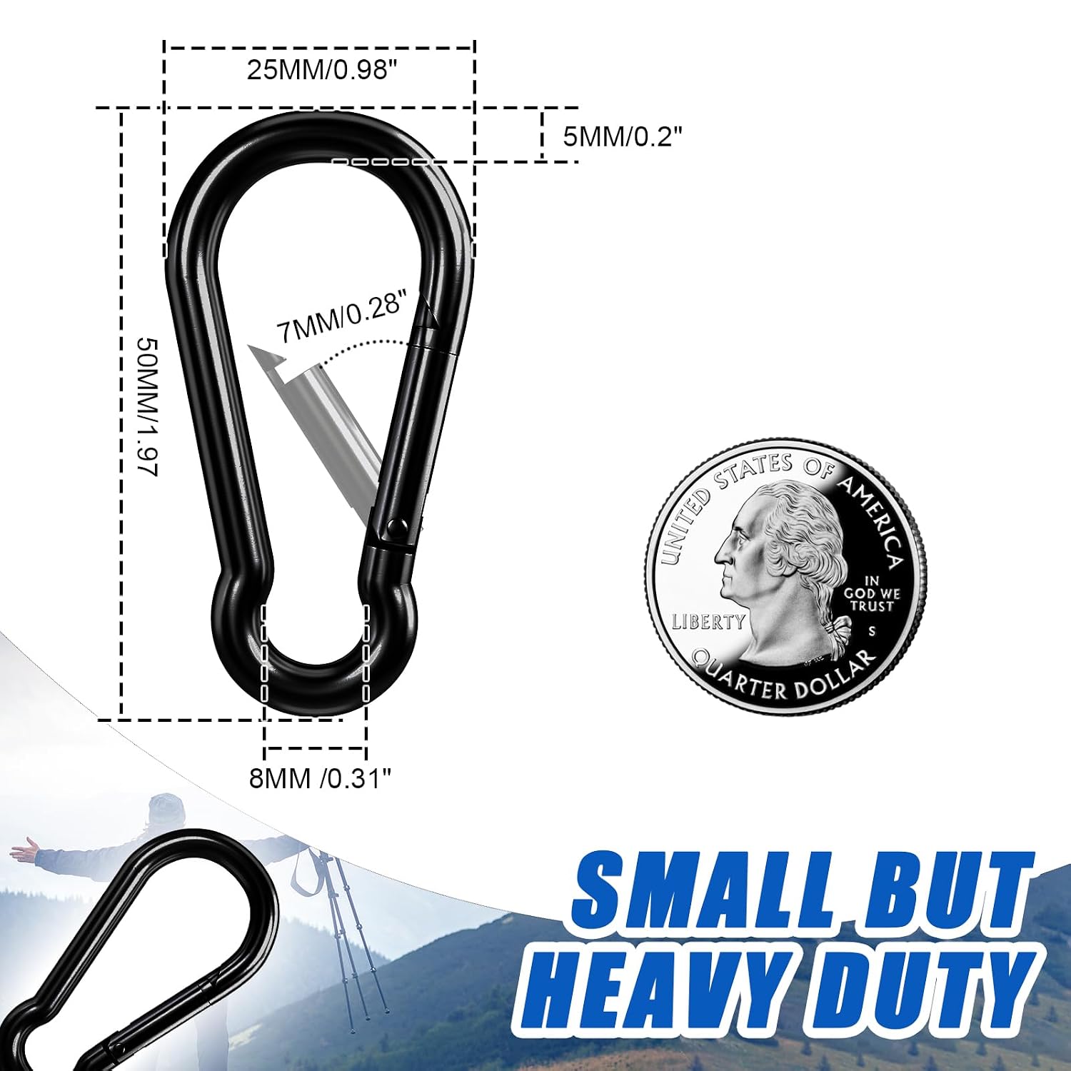 Detalle de KINLINK 1.97-Inch Small Carabiner Clips, Black Carbon Steel, 10-Pack