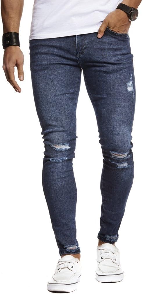 Detalle de Leif Nelson – Pantalon jeans Slim fit en denim stretch déchiré LN9145 Bleu foncé, W32 L30