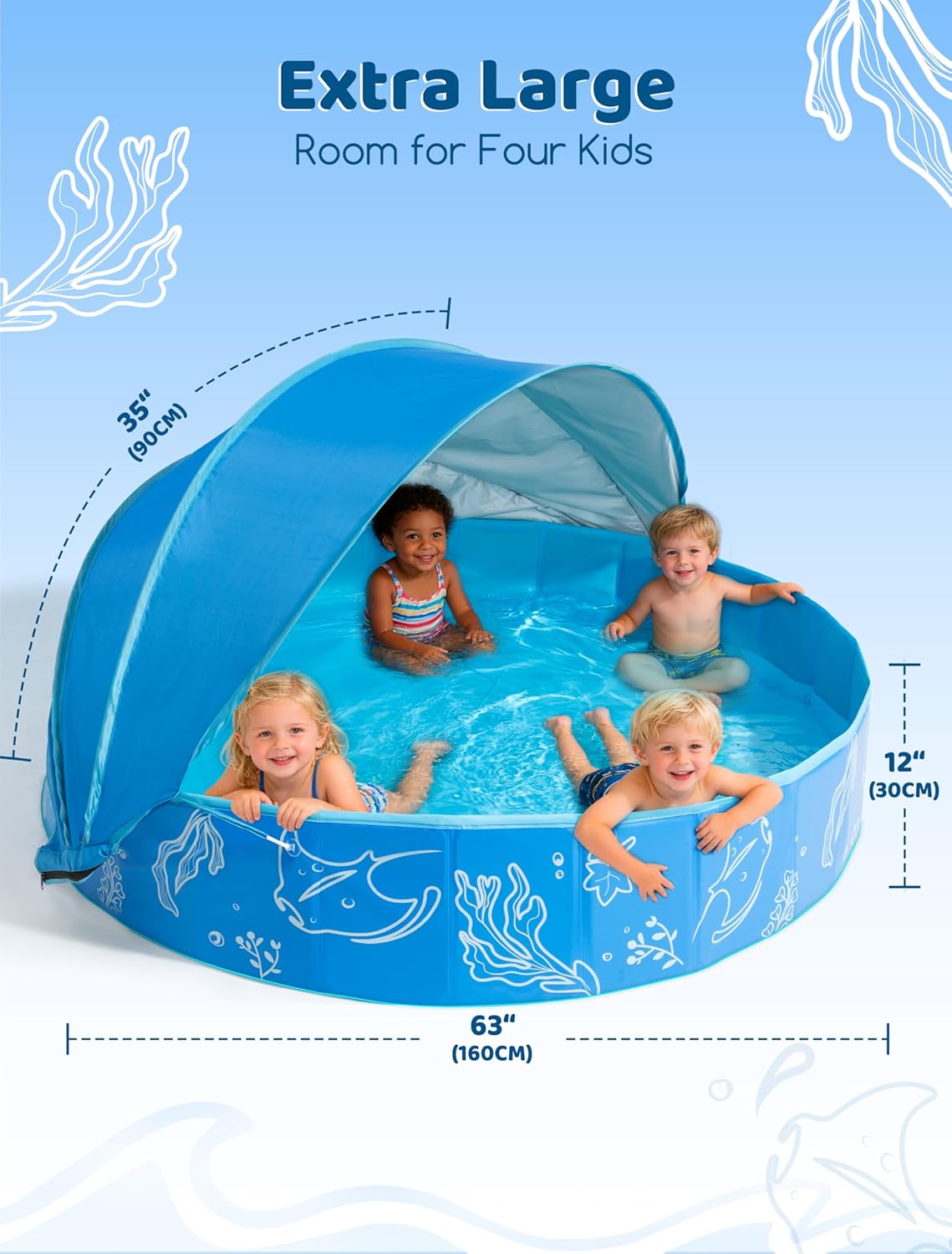 Detalle de Hikiddy Foldable Kiddie Pool with Canopy (63in) — Portable family splash pool with removable sun shade