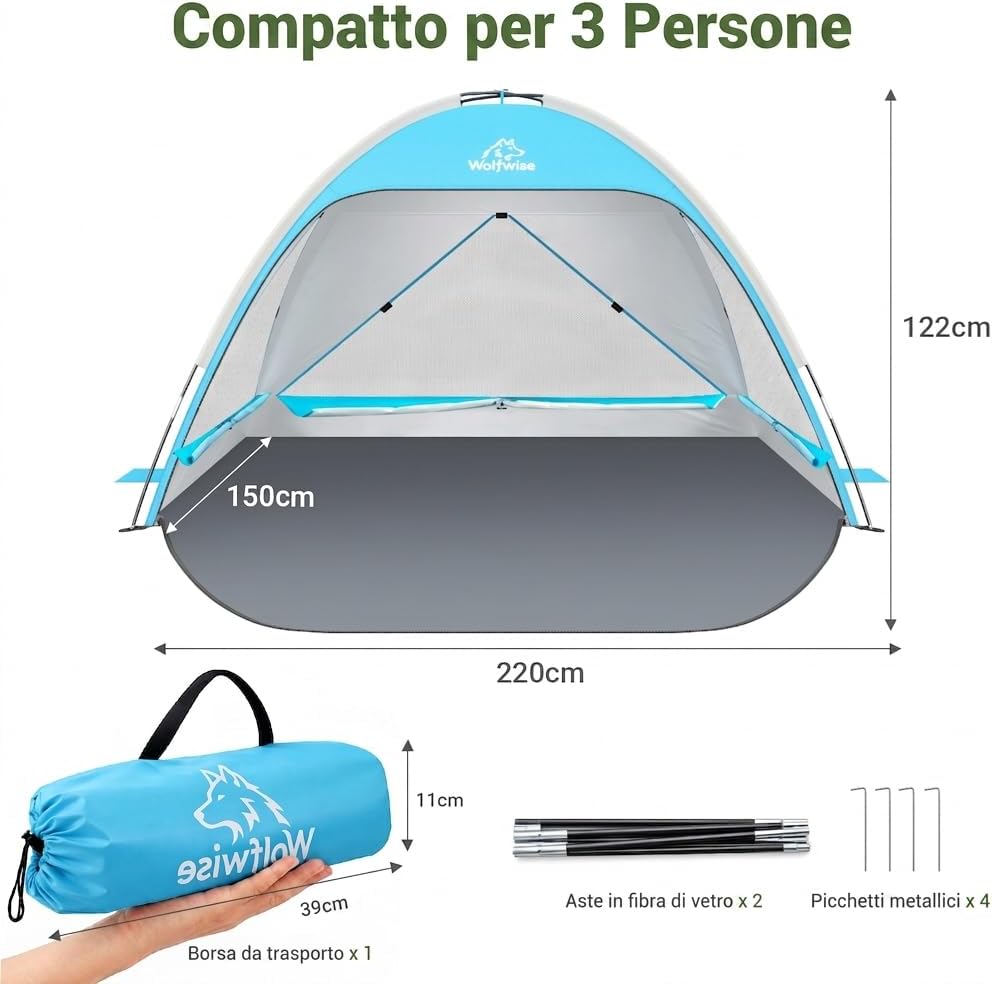 Detalle de Wolfwise Tenda da Spiaggia UPF 50+ per Famiglia – 3 Persone, Blu, Finestre Ventilate e Pavimento Estensibile