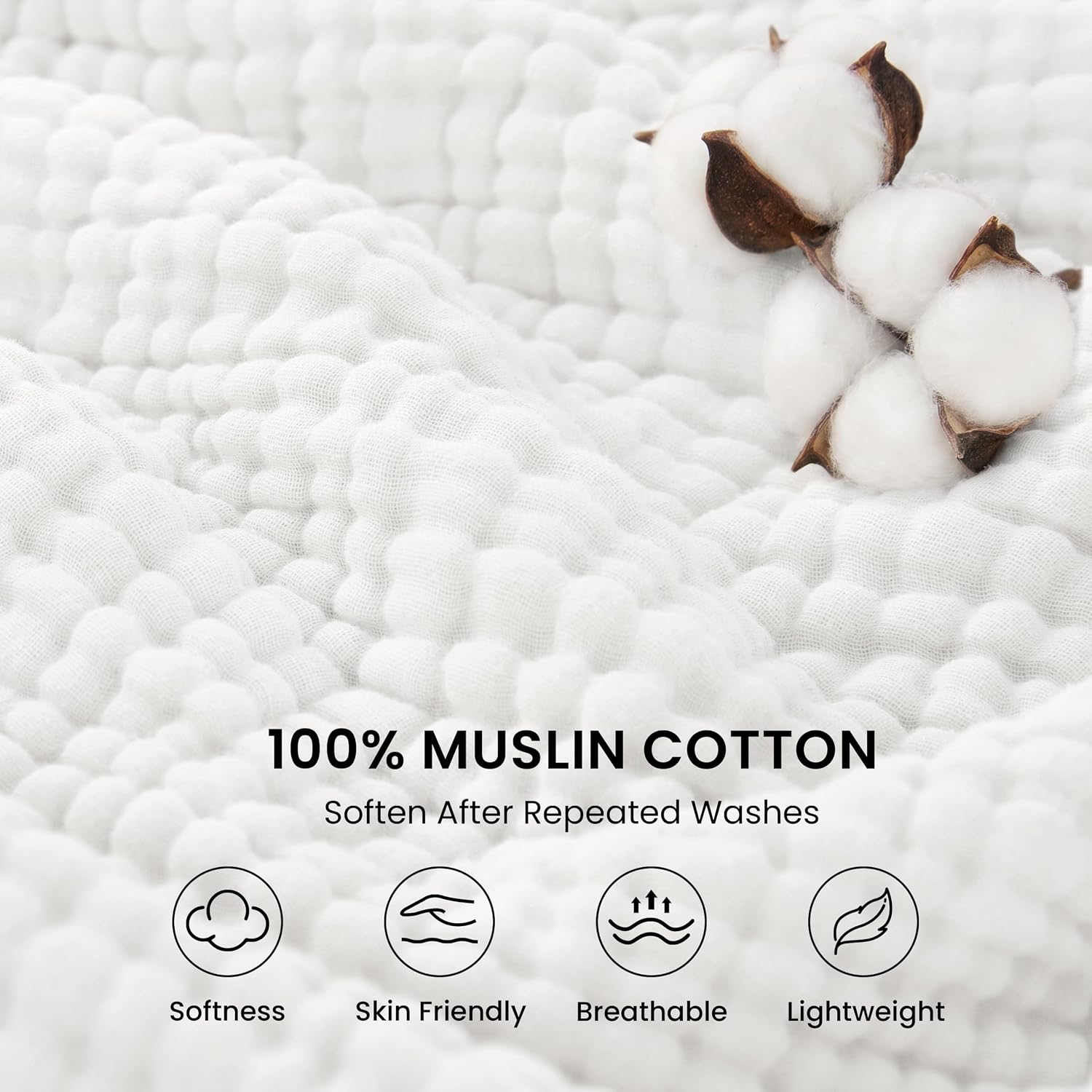 Detalle de Love's Cabin Cotton Muslin Throw Blanket, White