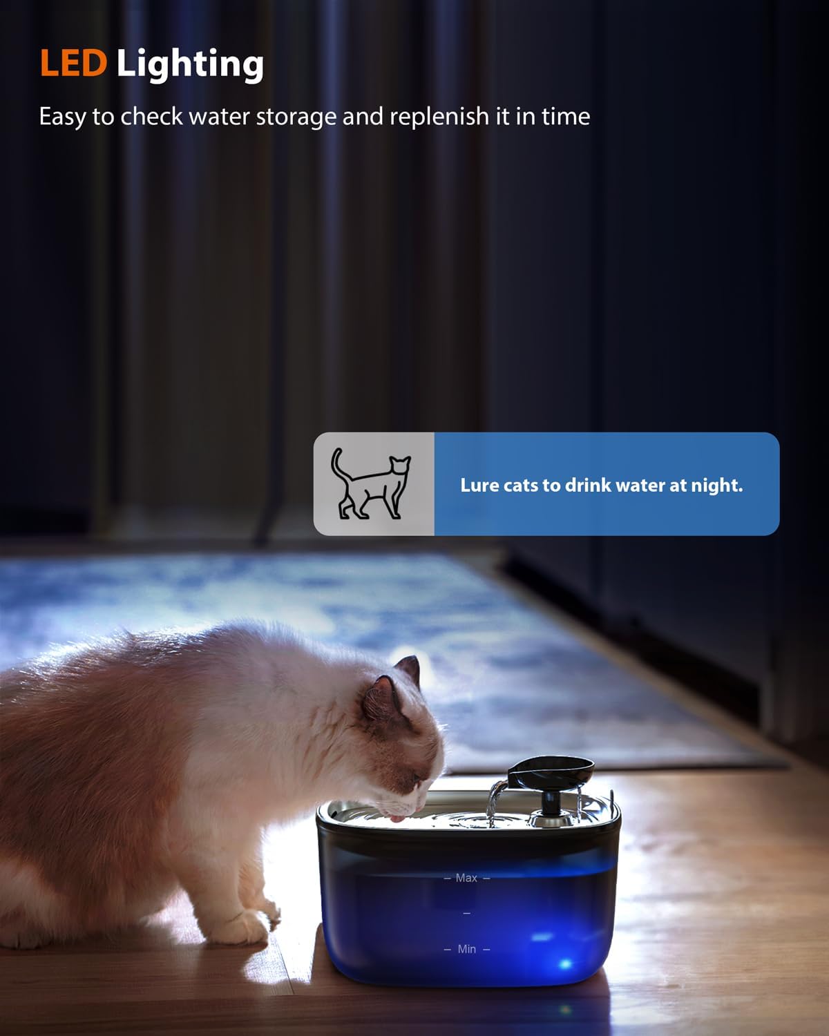 Detalle de Stouchi Katzenbrunnen 2,5 L – Leise Edelstahl-Trinkbrunnen mit LED, BPA-frei, inkl. 2 Filtern