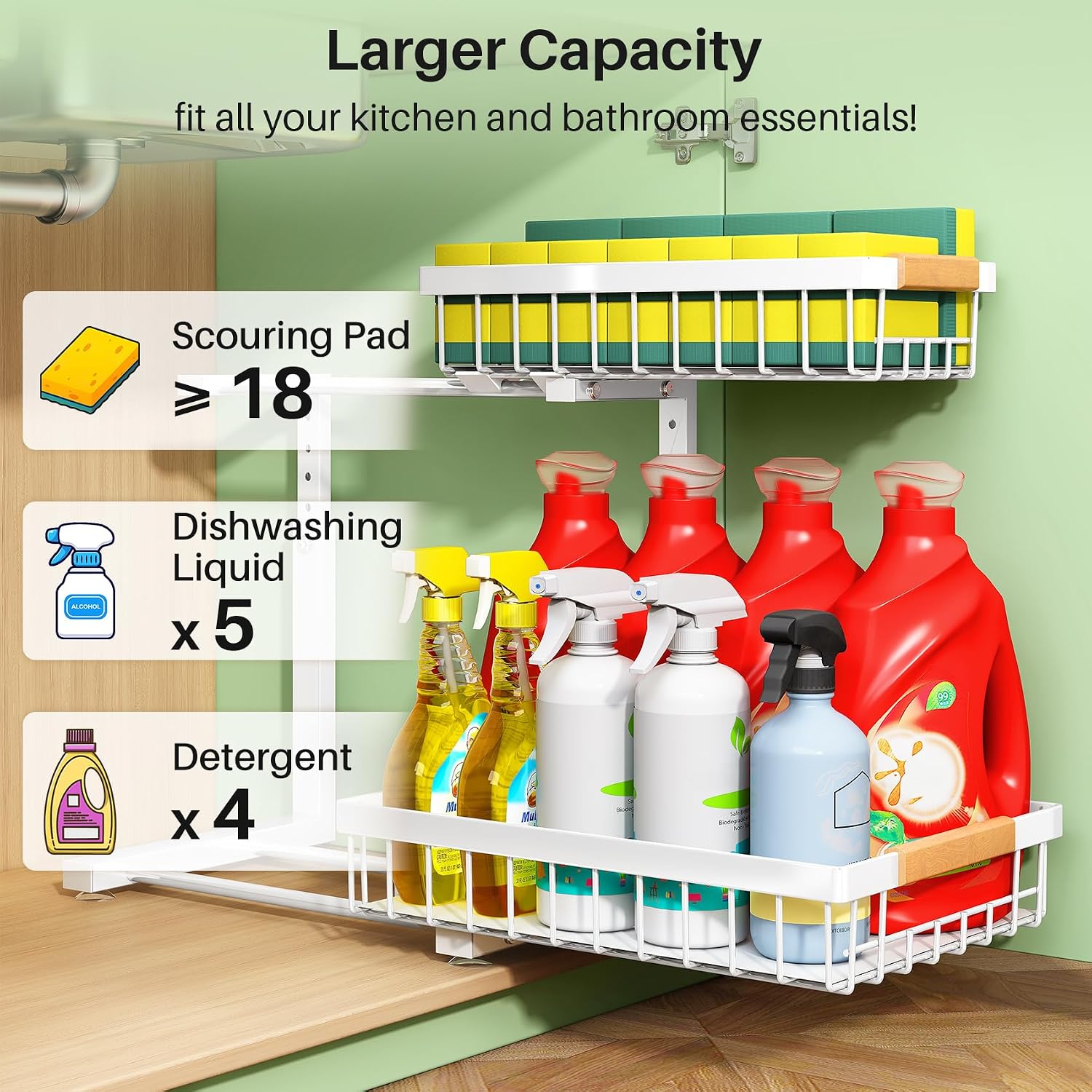 Detalle de Kitstorack 2-Tier Sliding Cabinet Organizer, Adjustable White Carbon Steel Shelf