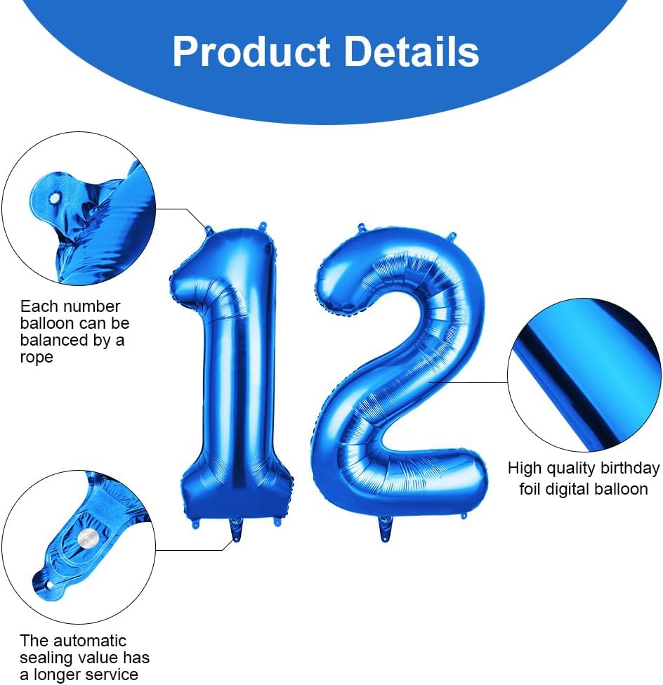 Thumbnail 2 de OFFCUP 40 Inch Number 12 Foil Balloon (Blue) – Large Self-Inflating Double Pack for Celebrations
