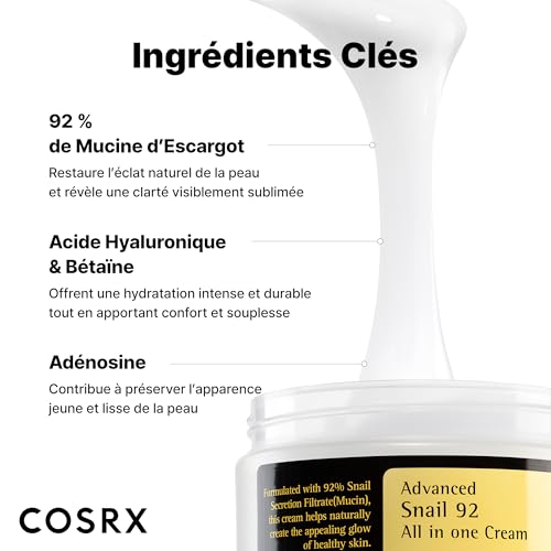 Detalle de COSRX Advanced Snail 92 Crème Tout en Un 100 ml — soin hydratant réparateur à la mucine d’escargot