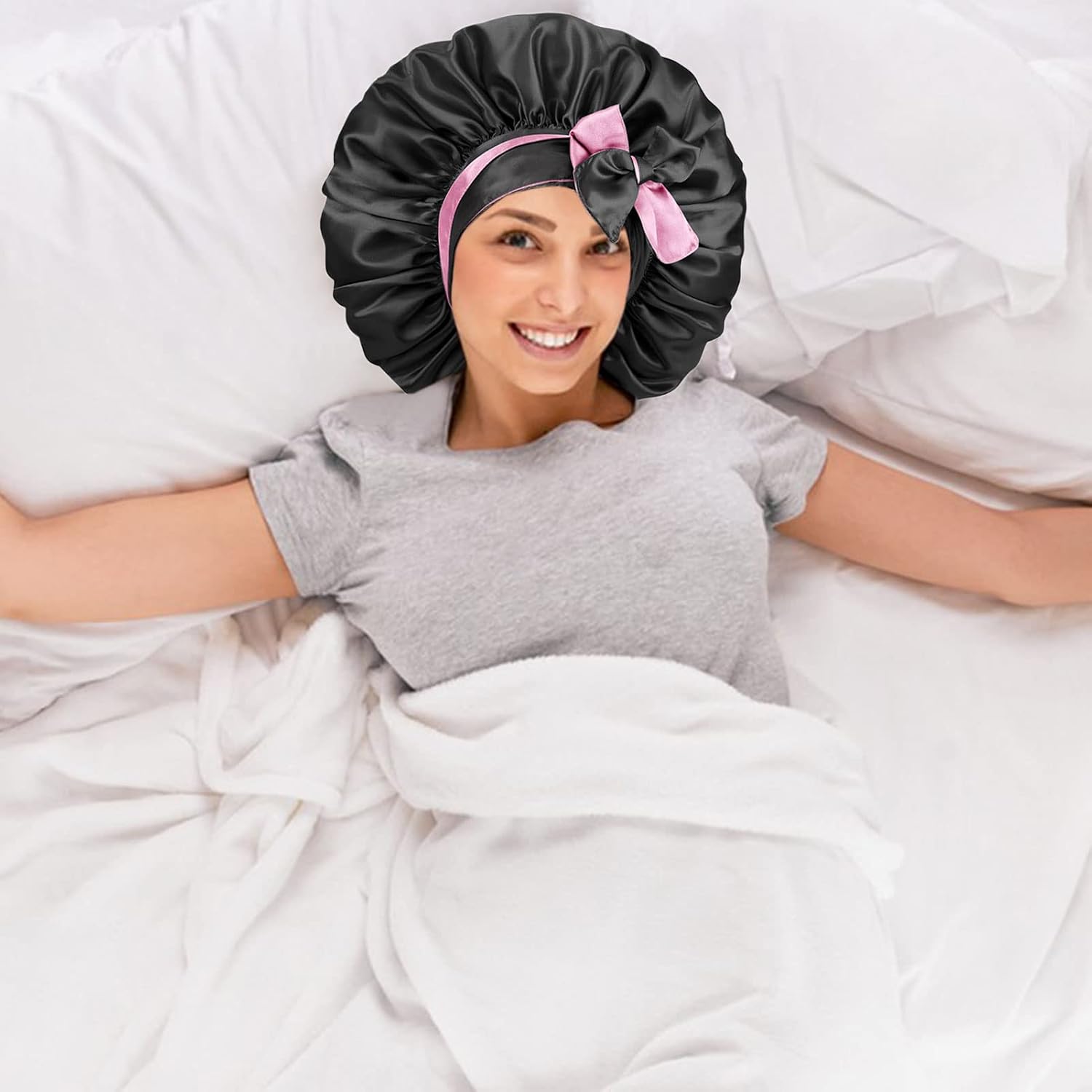 Detalle 2 de 1PC Silk Satin Bonnet Hair Bonnet with Tie Band – Extra Large, Reversible Nightcap for Long Curly Hair
