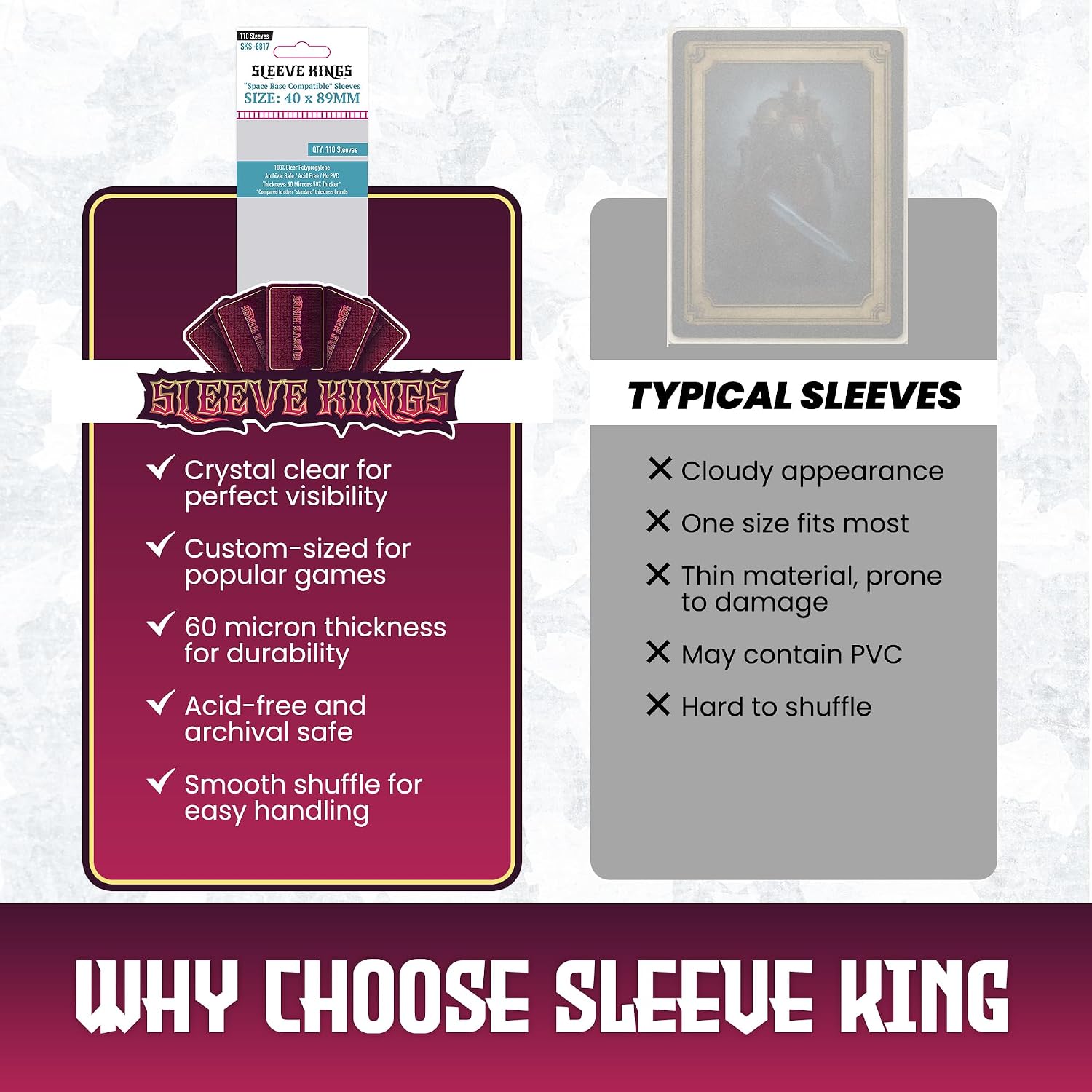 Detalle 2 de Sleeve Kings 40×89mm スペースベース対応カードスリーブ 110枚入り、透明PP・60ミクロン