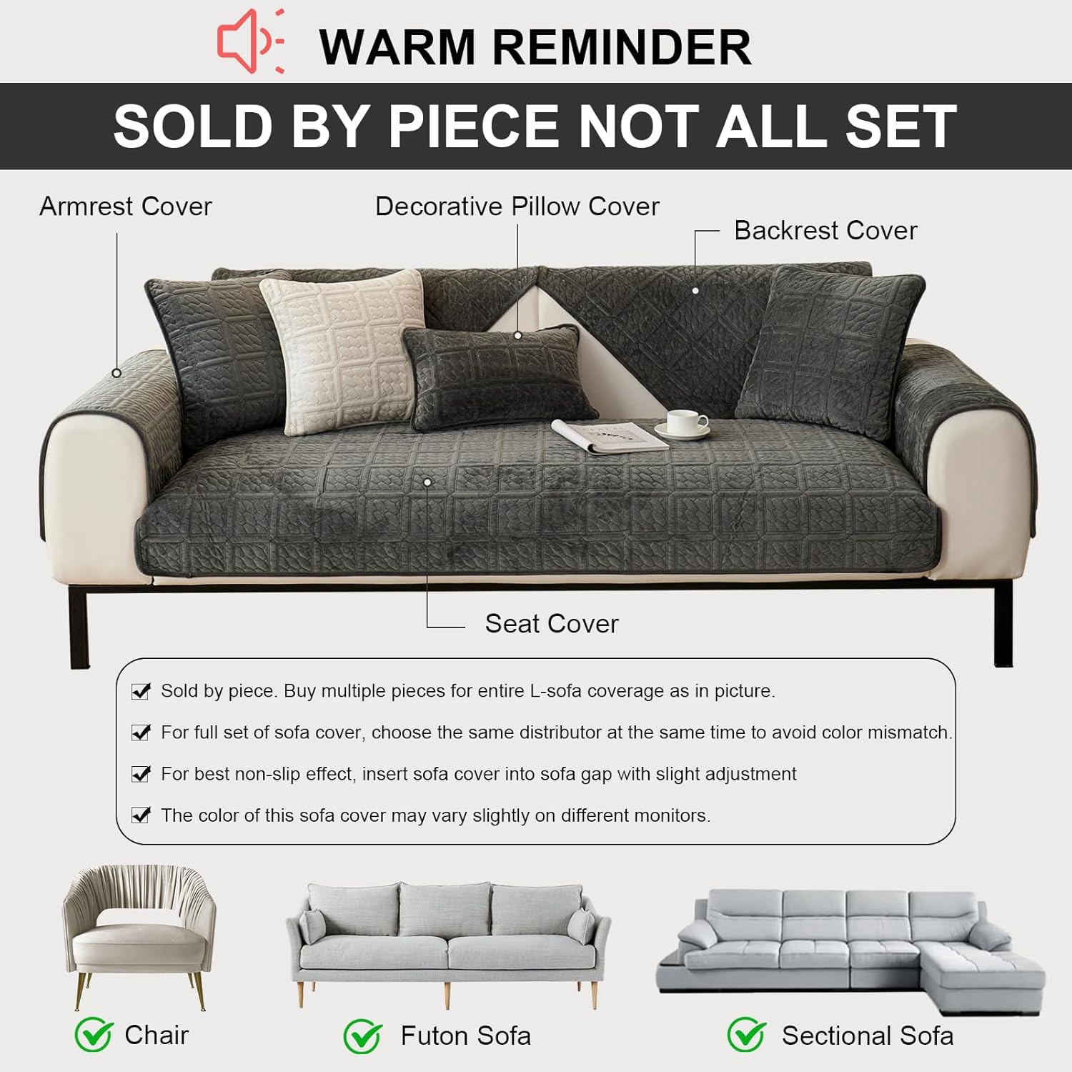 Detalle de Upgrade Milchsamt Sofa-Überzug SHANNA für L-Sofa (Ecksofa) – Dunkelgrau, 70×90 cm