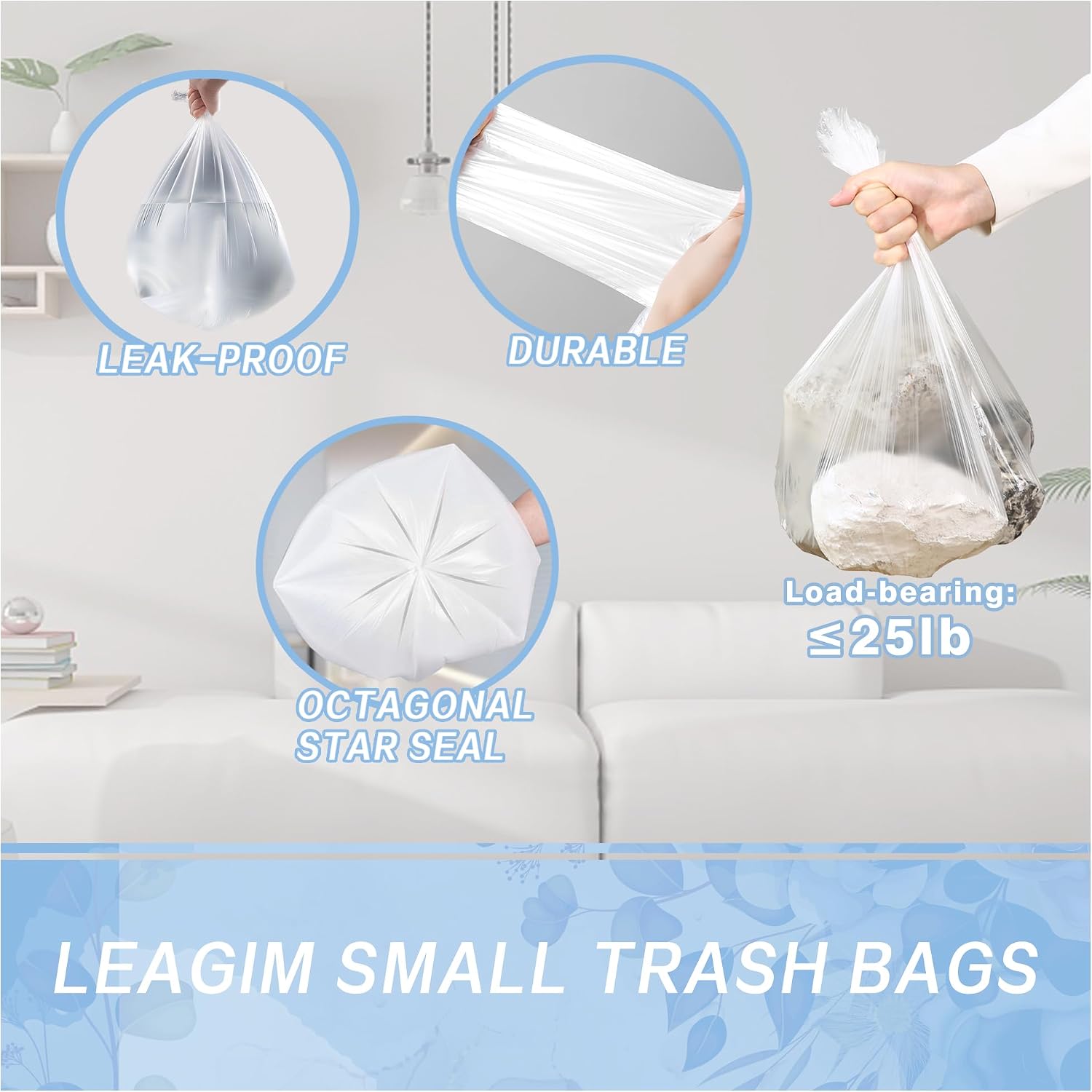 Detalle 2 de 108 Count Small Trash Bags, 4 Gallon Garbage Can Liners – Unscented, Leak-Proof, Clear (15 L)