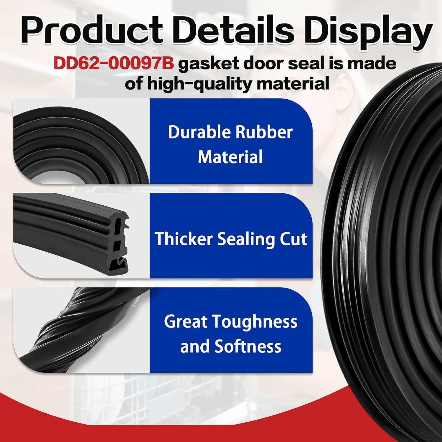 Detalle de Surqia DD62-00097B Dishwasher Door Gasket, 75.8-Inch Rubber Seal