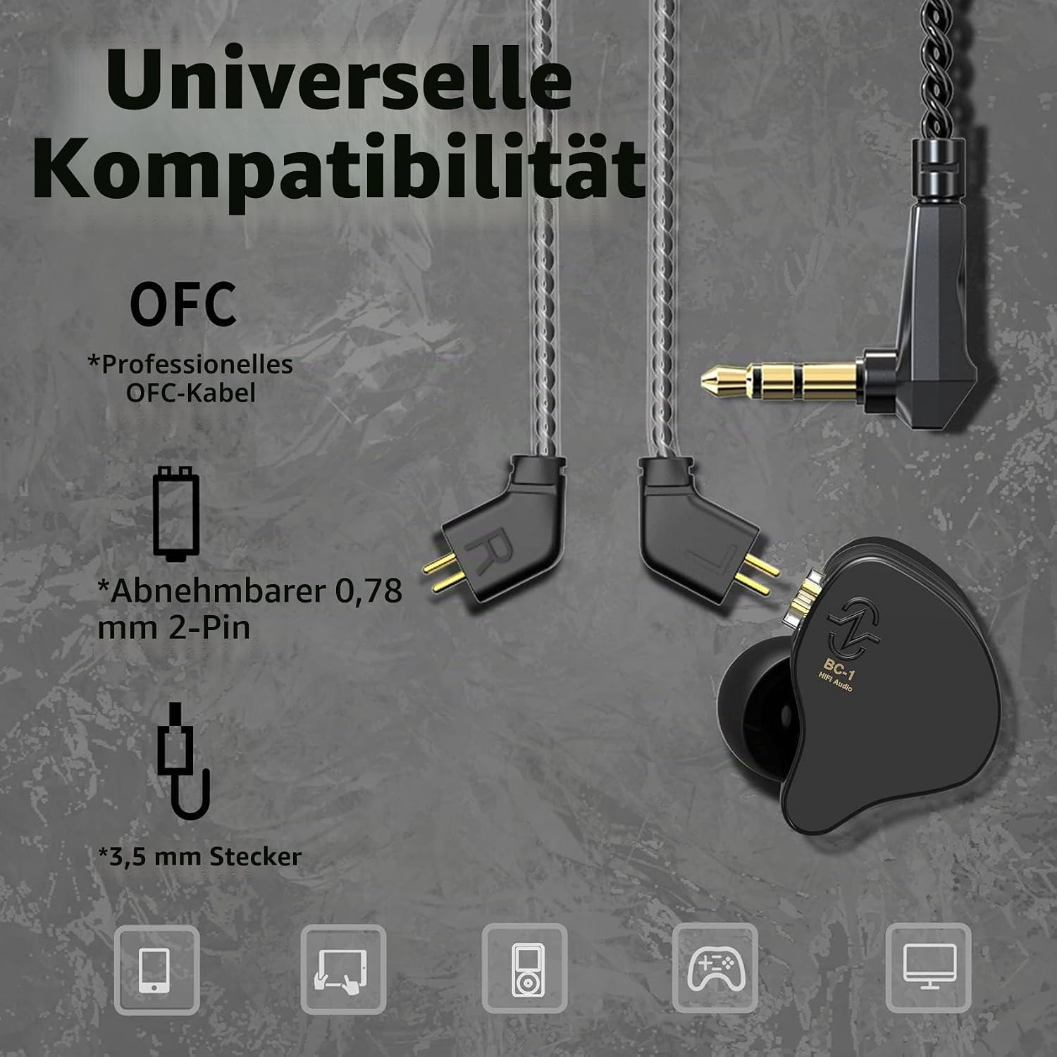 Detalle de Yinyoo CCZ Melody – kabelgebundene In-Ear-Gaming-Earbuds mit abnehmbarem OFC-Kabel und Mikrofon