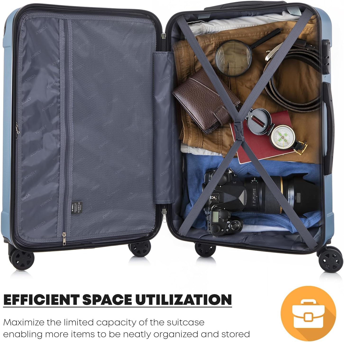 Detalle de YONSLY Koffer Suitcase L Grau Blau – Hartschalen-Trolley mit 4 Rollen, 360°, Zahlenschloss