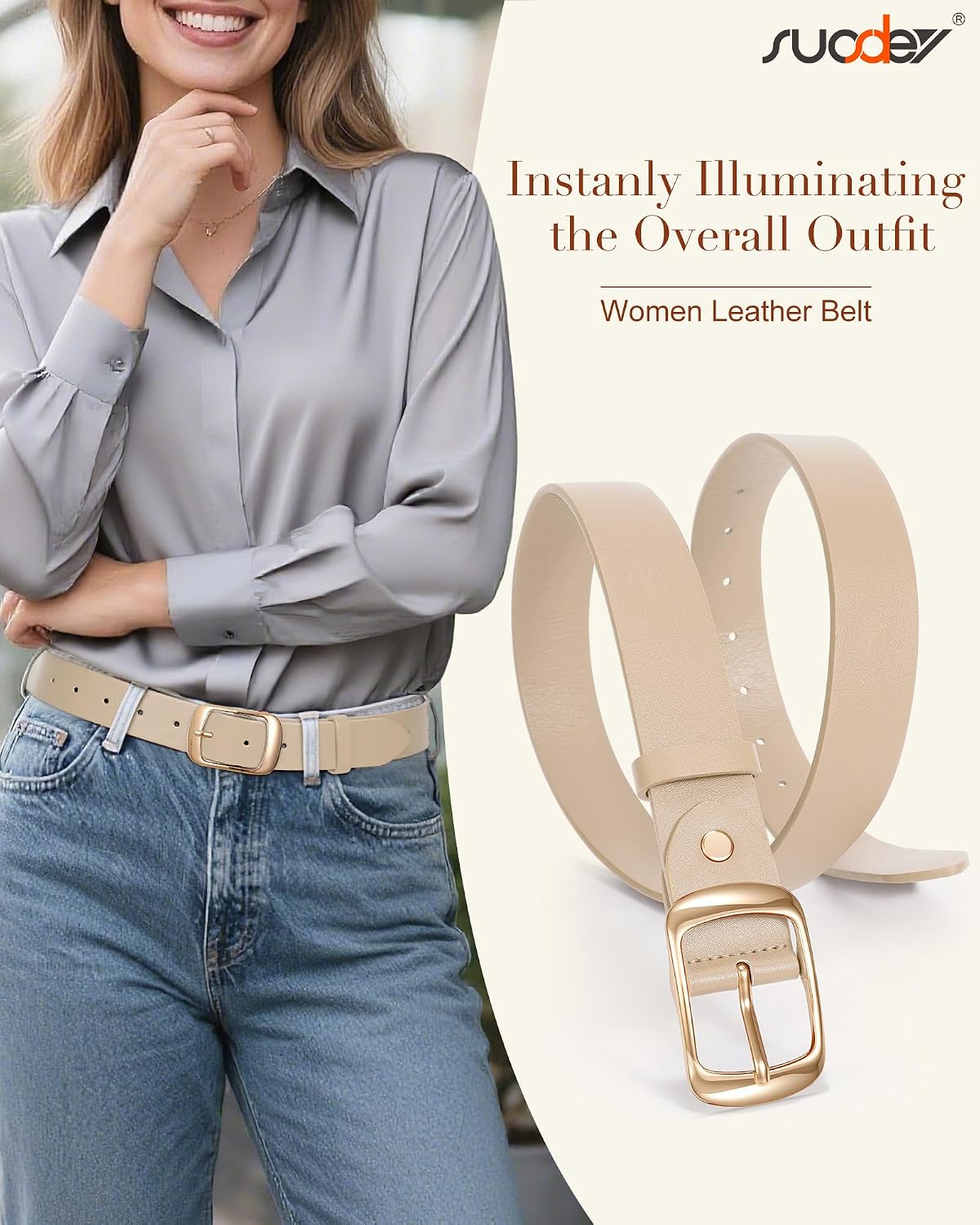 Detalle 2 de SUOSDEY Women's Faux Leather Belt, 1.3-Inch Width, Trim-to-Fit Design