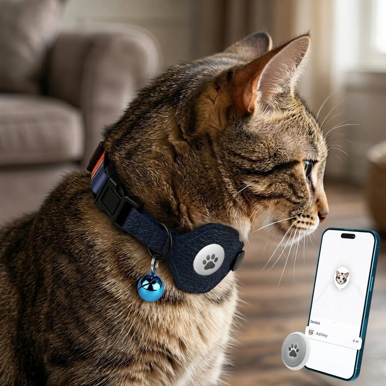 Detalle 1 de Cat Collar with Leather AirTag Holder