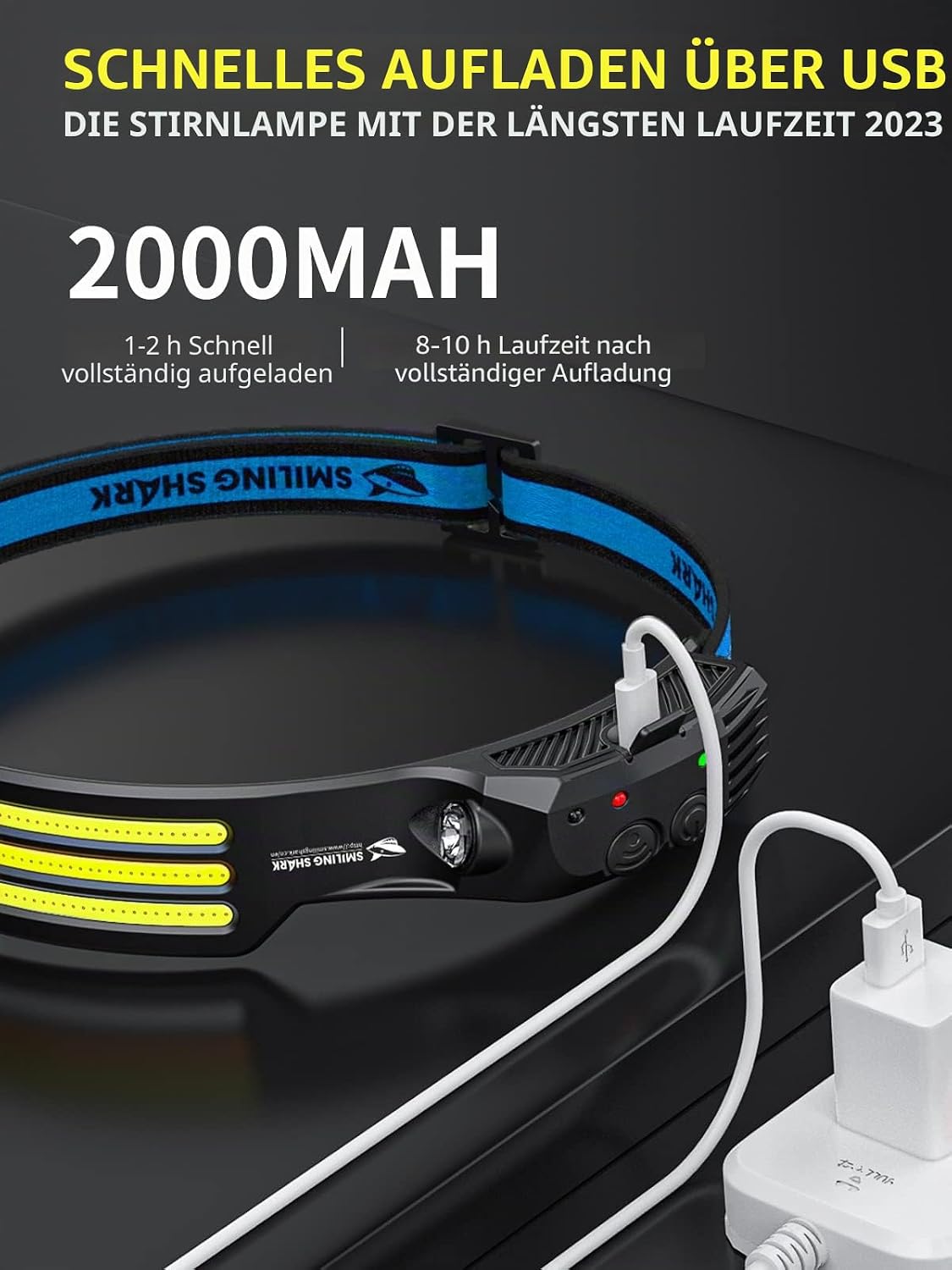 Detalle de Smiling Shark Stirnlampe 230° Weitwinkel – 3 LED, wiederaufladbar, wasserdicht
