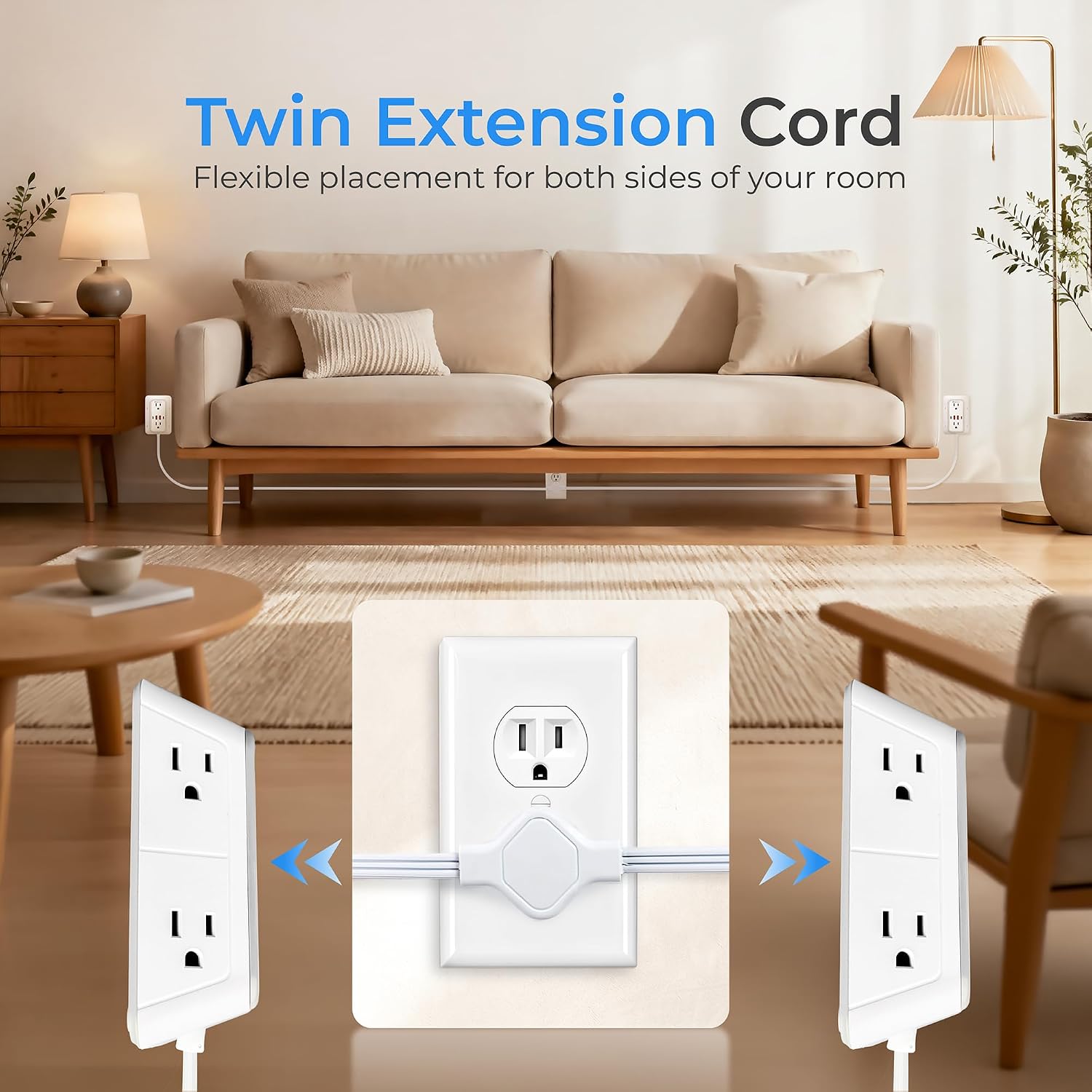 Detalle 2 de BlueStars Twin Extension Cord Splitter, 12-Foot Split Cord, Flat Plug, 1050J Surge Protection