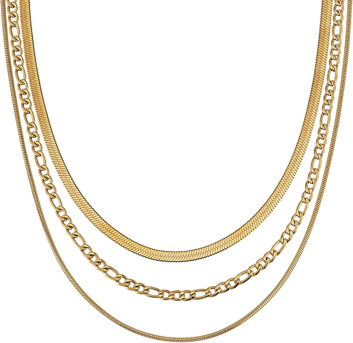 Detalle de Layering Kette – Wasserfestes 3er Ketten-Set in 18K Gold, Roségold oder Silber (316L Edelstahl) – Verstellbare Figaro- und Schlangenkette