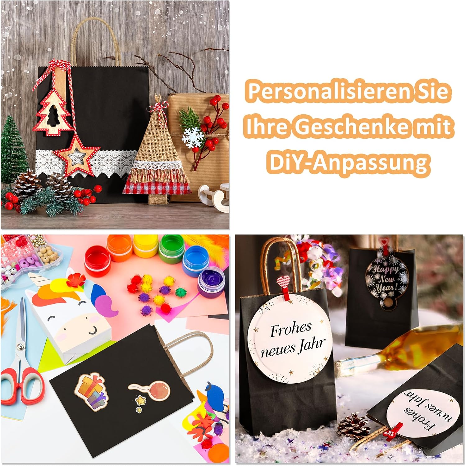 Detalle de Eupako Lot de 50 petits sacs cadeaux en papier kraft noir recyclables (15 x 8 x 21 cm)