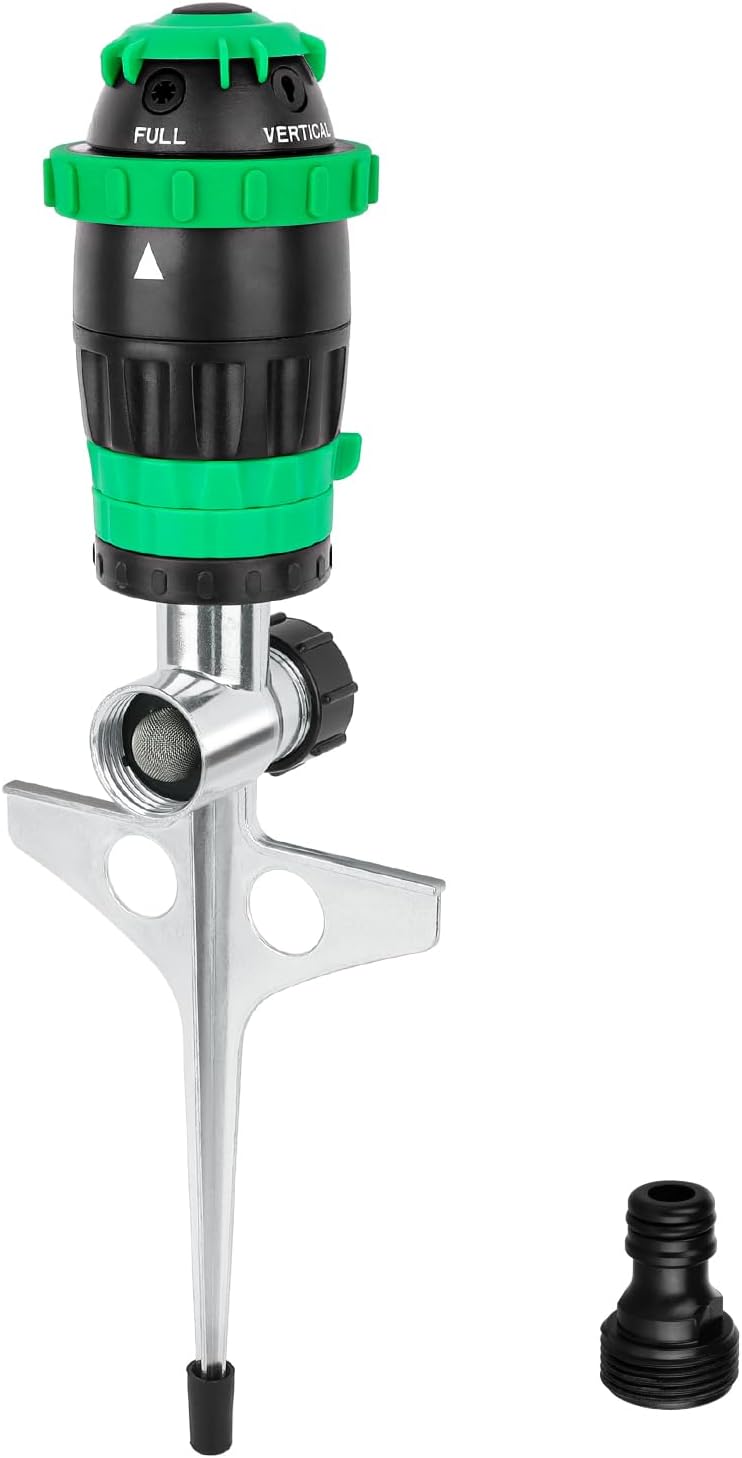 [2 PACK] RESTMO Gear Drive Sprinkler with Metal Spike Base (5 spray patterns, adjustable coverage)