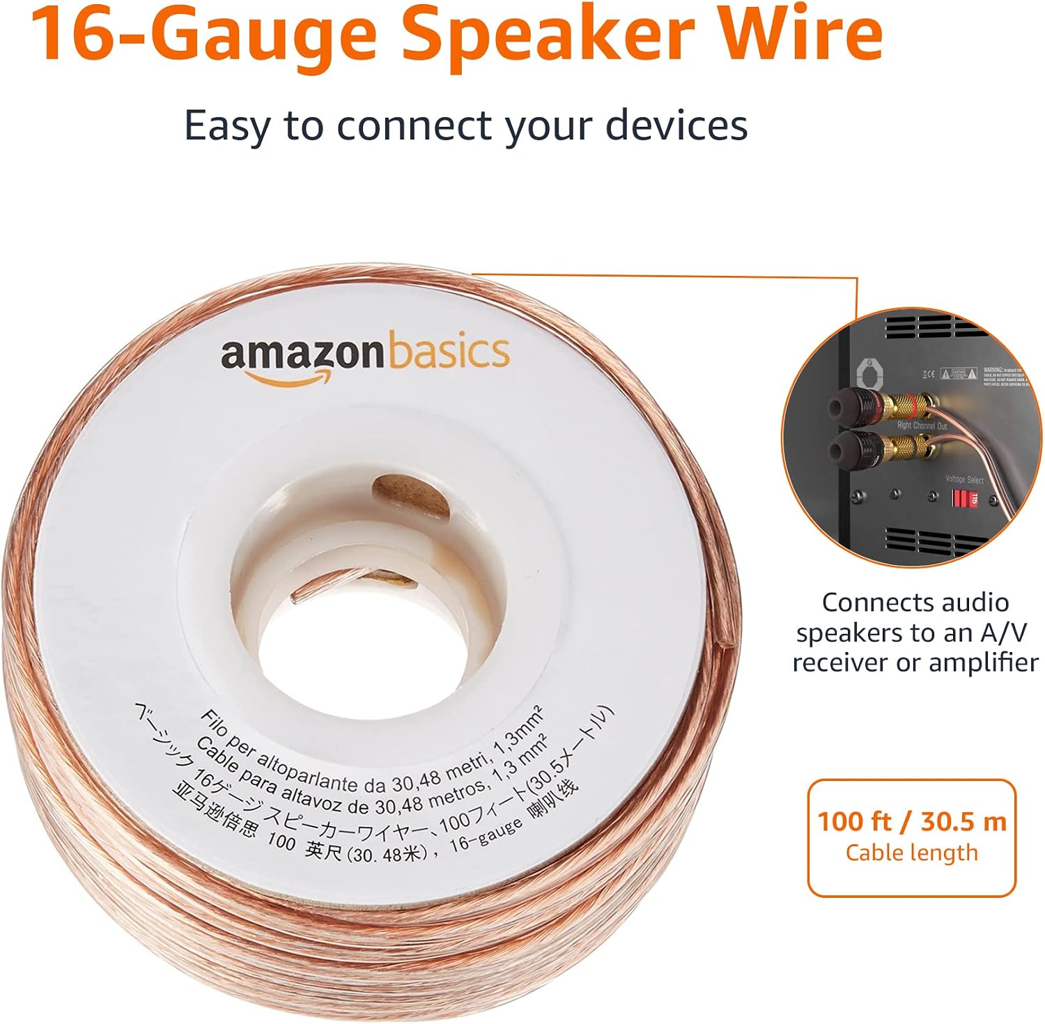 Detalle 2 de Amazonベーシック SW100ft スピーカーケーブル 16ゲージ 30.5m ブロンズ
