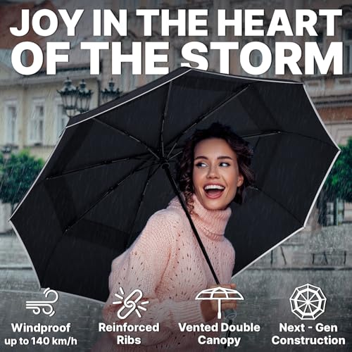 Detalle de Royal Walk Folding Travel Umbrella with Vented Canopy, Reflective Strip & Wood Handle
