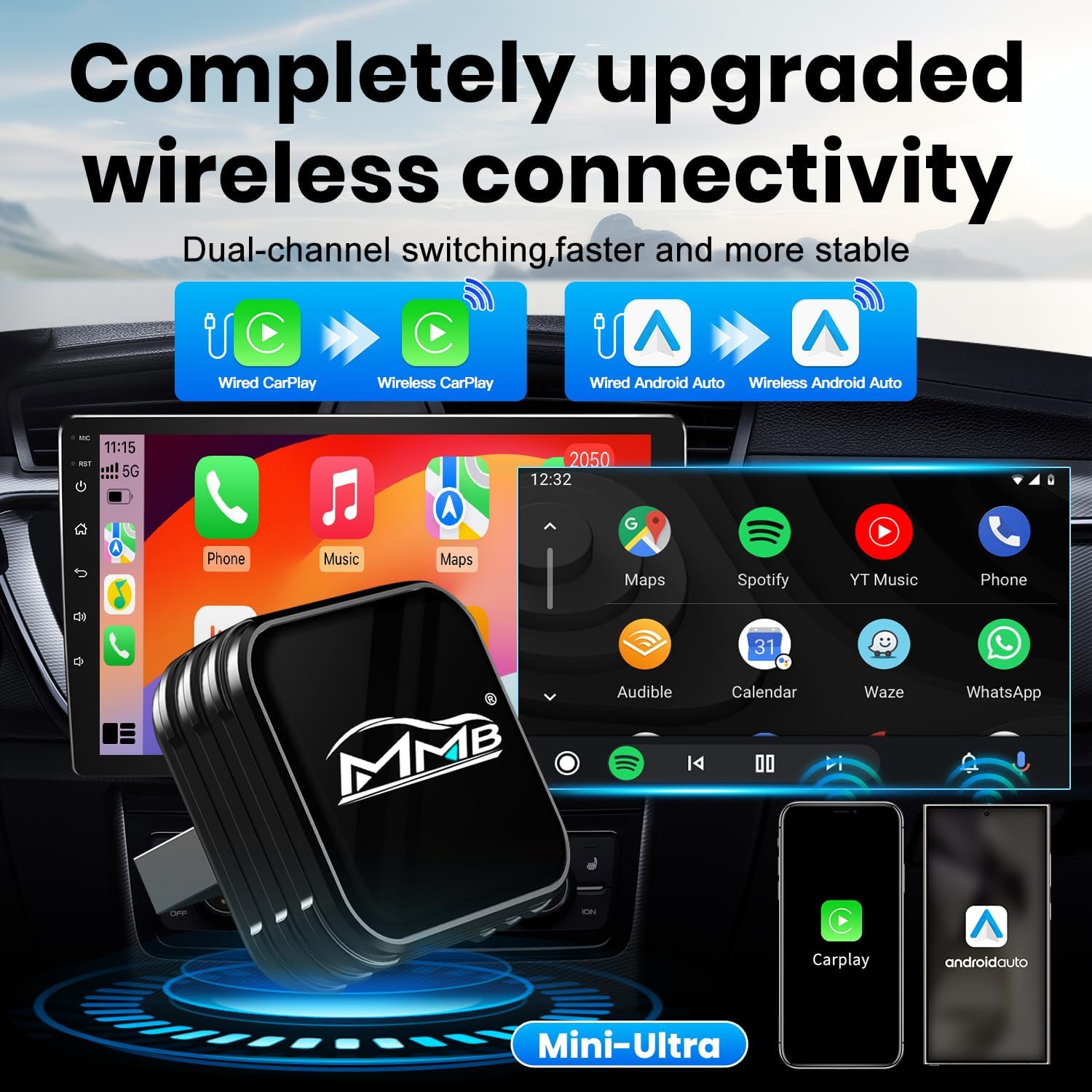 Detalle de MMB CP-Ultra 2026 Wireless CarPlay Adapter (Wi‑Fi 6 + Bluetooth 5.4, Plug & Play)