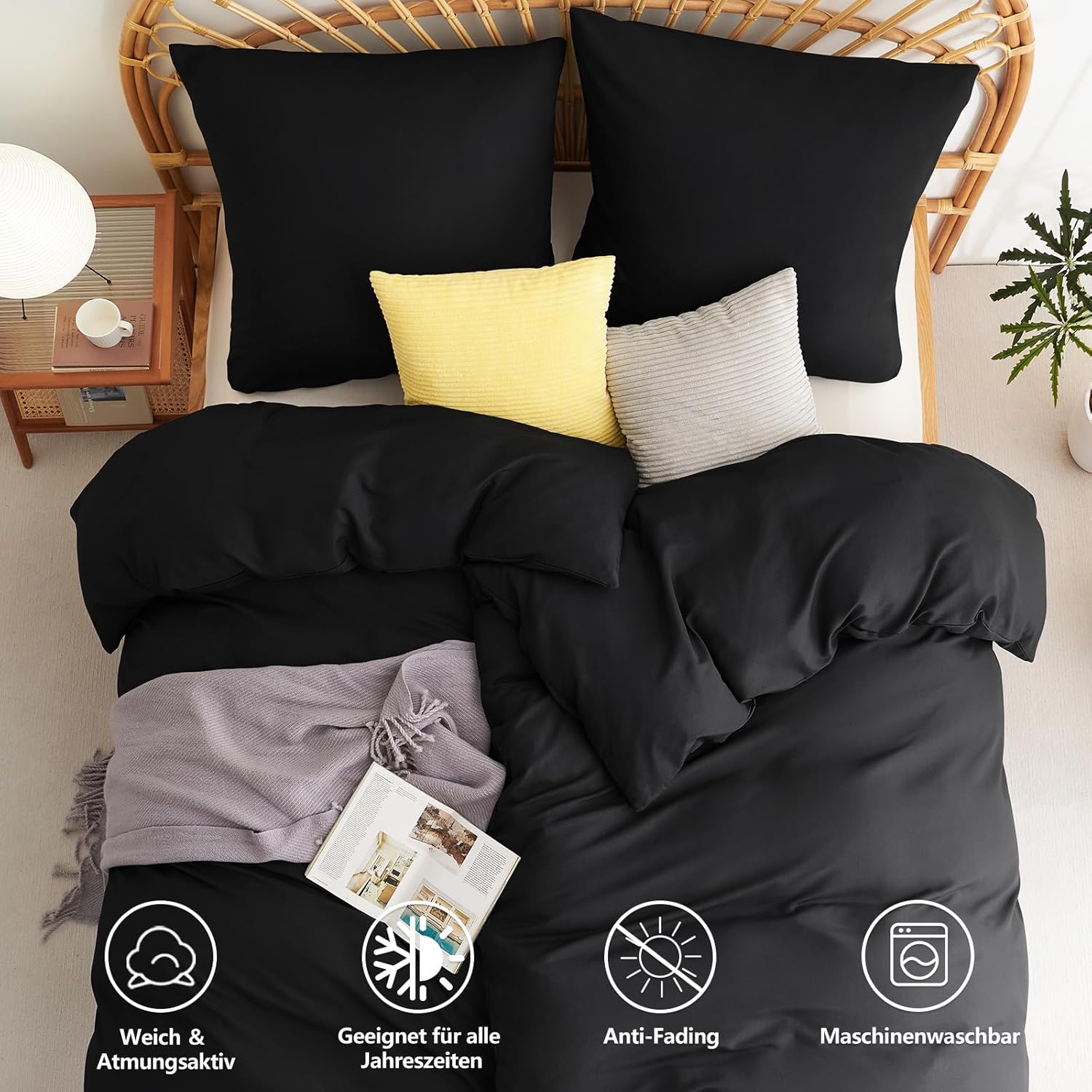 Thumbnail 6 de WAVVE Bettwäsche 135x200 Schwarz (4-teilig) aus Mikrofaser mit Reißverschluss