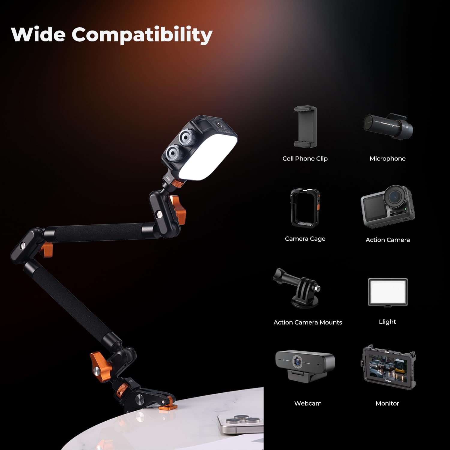 Detalle 2 de K&F CONCEPT 22" Magic Arm Clamp overhead desk camera mount with action camera adapter