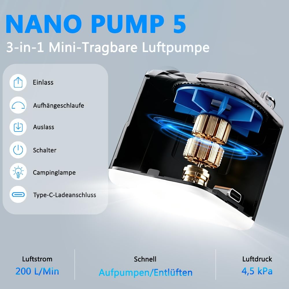 Thumbnail 1 de Elektrische 3-in-1 Luftpumpe mit Campinglampe – kompakt, leistungsstark und vielseitig