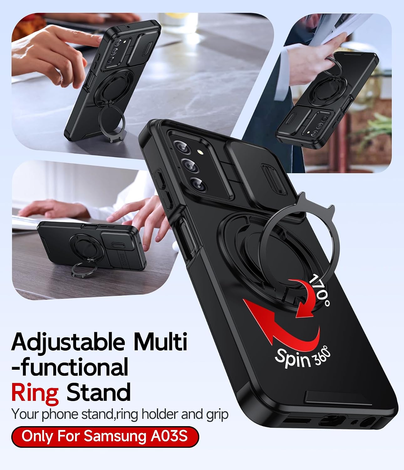 Detalle 2 de LeYi Galaxy A03s Phone Case with Slide Camera Cover, 360° Ring Stand and Glass Protectors