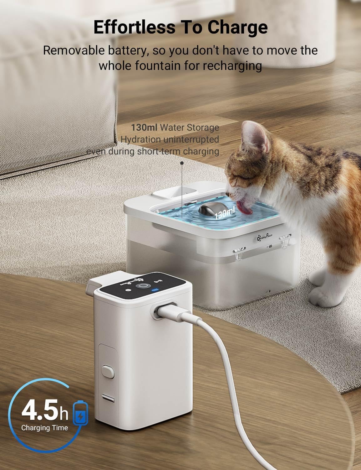 Detalle de DownyPaws Wireless Cat Water Fountain with 2.5L Capacity and Motion Sensor