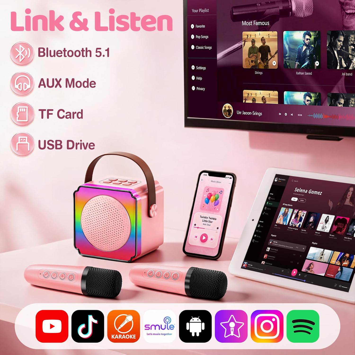 Thumbnail 4 de Gontence Karaoke con Microfono: Karaoke Bluetooth a 2 microfoni per bambini 3–15 anni