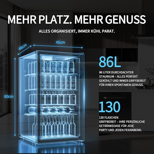 Detalle de Airfish Getränkekühlschrank mit Glasfront 86L – 130 Dosen, verstellbare Regale, flexibel einsetzbar