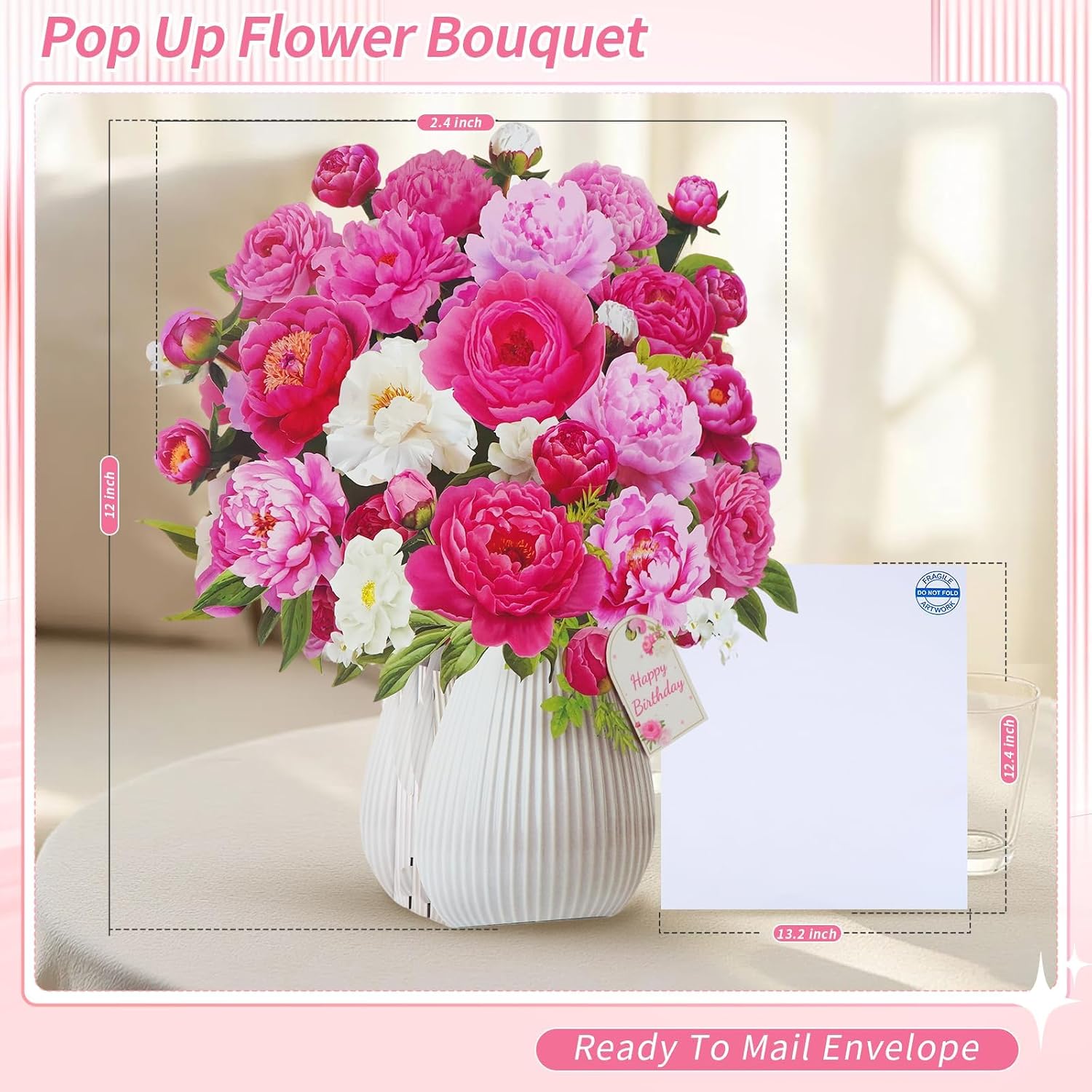 Thumbnail 6 de WUJUN 3-in-1 Pink Peony Pop Up Birthday Card with Music & Lights (10 inch) – For Mum, Wife, Daughter
