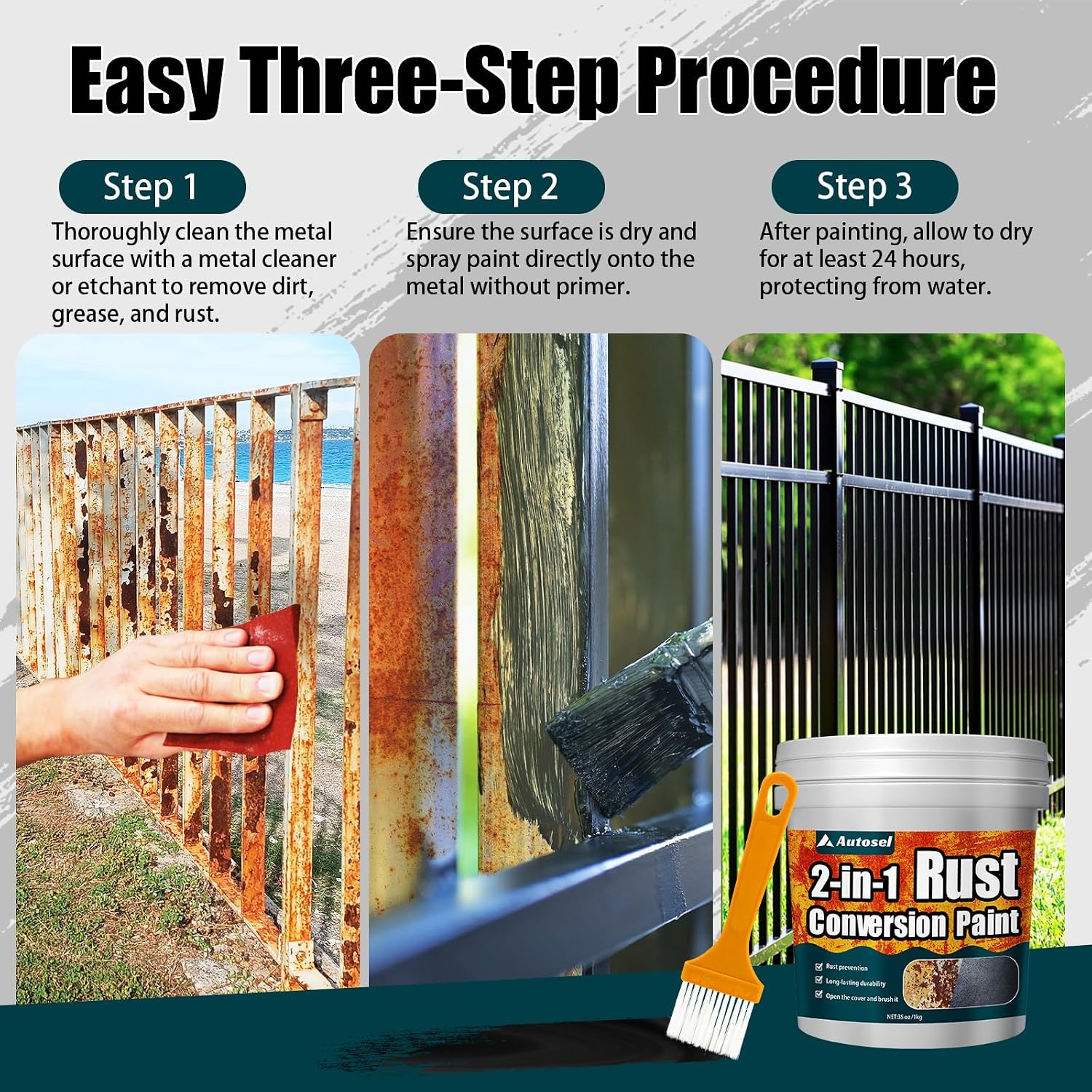 Thumbnail 5 de Autosel 2-in-1 Rust Converter & Metal Primer, Black, Heat-Resistant
