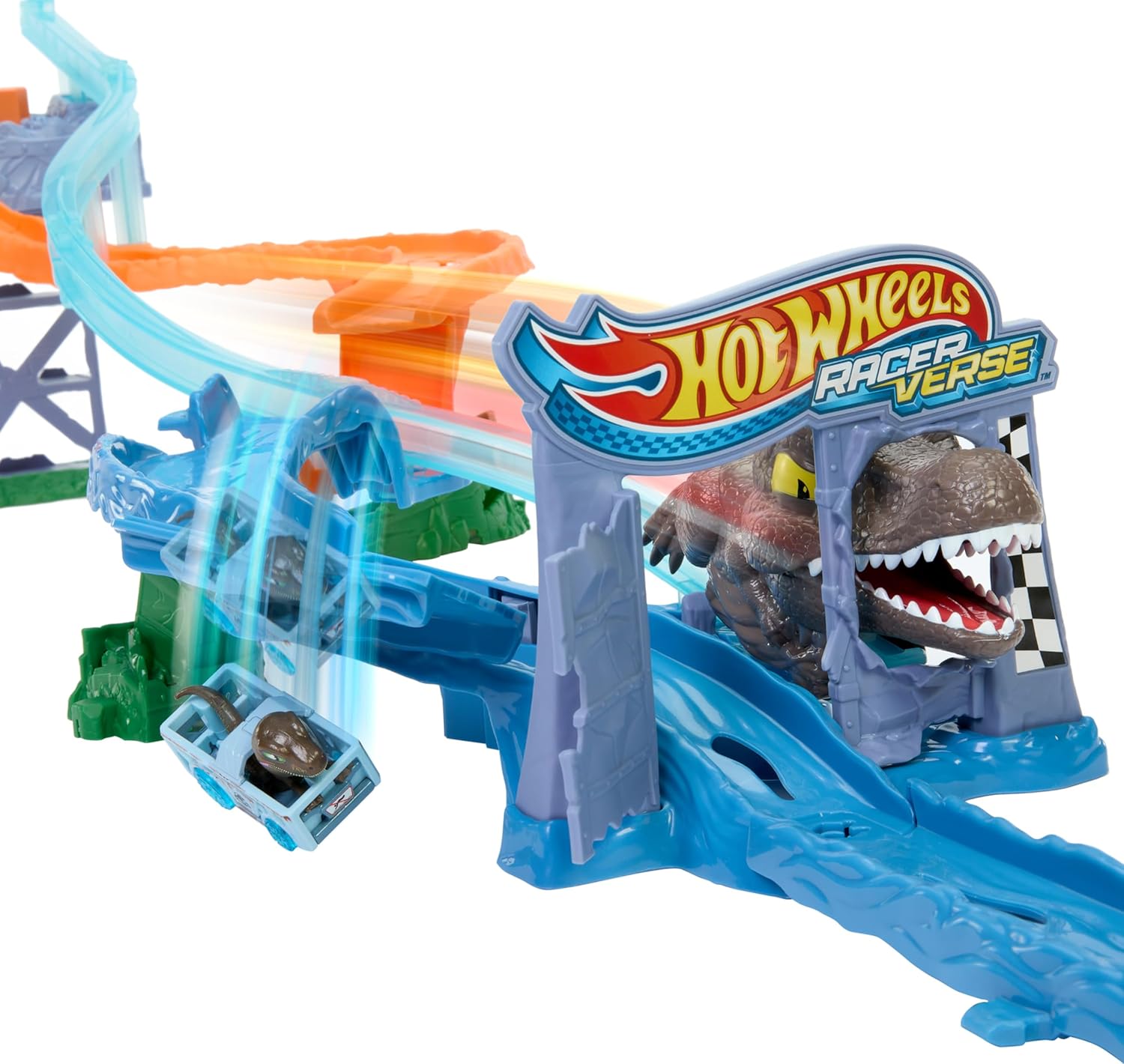 Detalle 2 de Hot Wheels Coffret Carambolages et Collisions RacerVerse Jurassic World avec piste et véhicule miniature (JFP32)