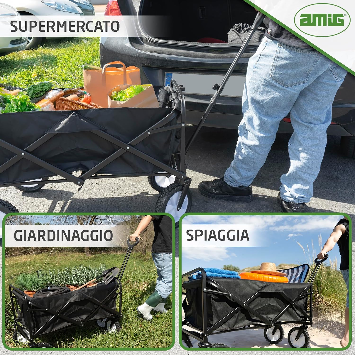 Thumbnail 6 de Amig Carrello da Giardino Pieghevole in Tessuto Oxford Impermeabile con Ruote da 20 cm – Nero
