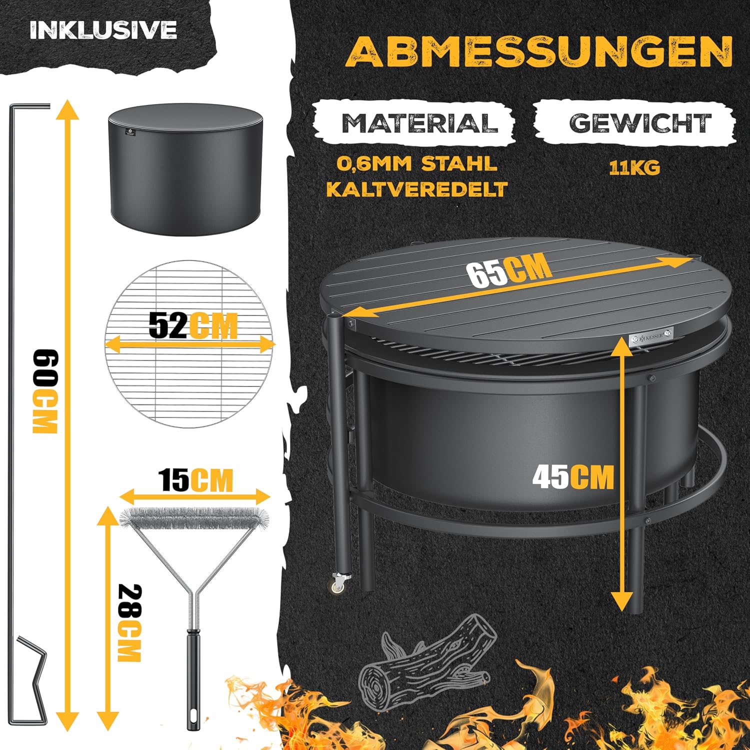 Detalle de KESSER Feuerschale mit Grillrost Ø65cm – robuste mobile Feuerstelle mit Grillmöglichkeit