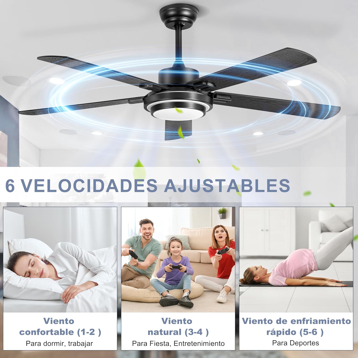 Detalle 2 de Ohniyou Ventilador de Techo Negro 132 cm con Luz 🌀