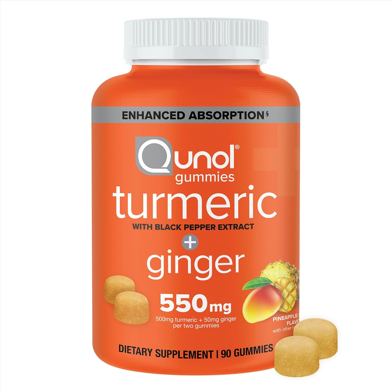 Detalle de Qunol Turmeric Gummies, 550 mg, Pineapple Mango, with Black Pepper & Ginger, 90 Count