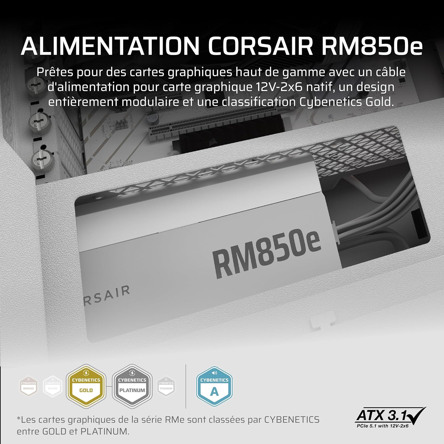 Thumbnail 1 de Corsair RM850e (2025) : alimentation ATX 850 W entièrement modulaire, silencieuse et certifiée ATX 3.1/PCIe 5.1 (blanc)
