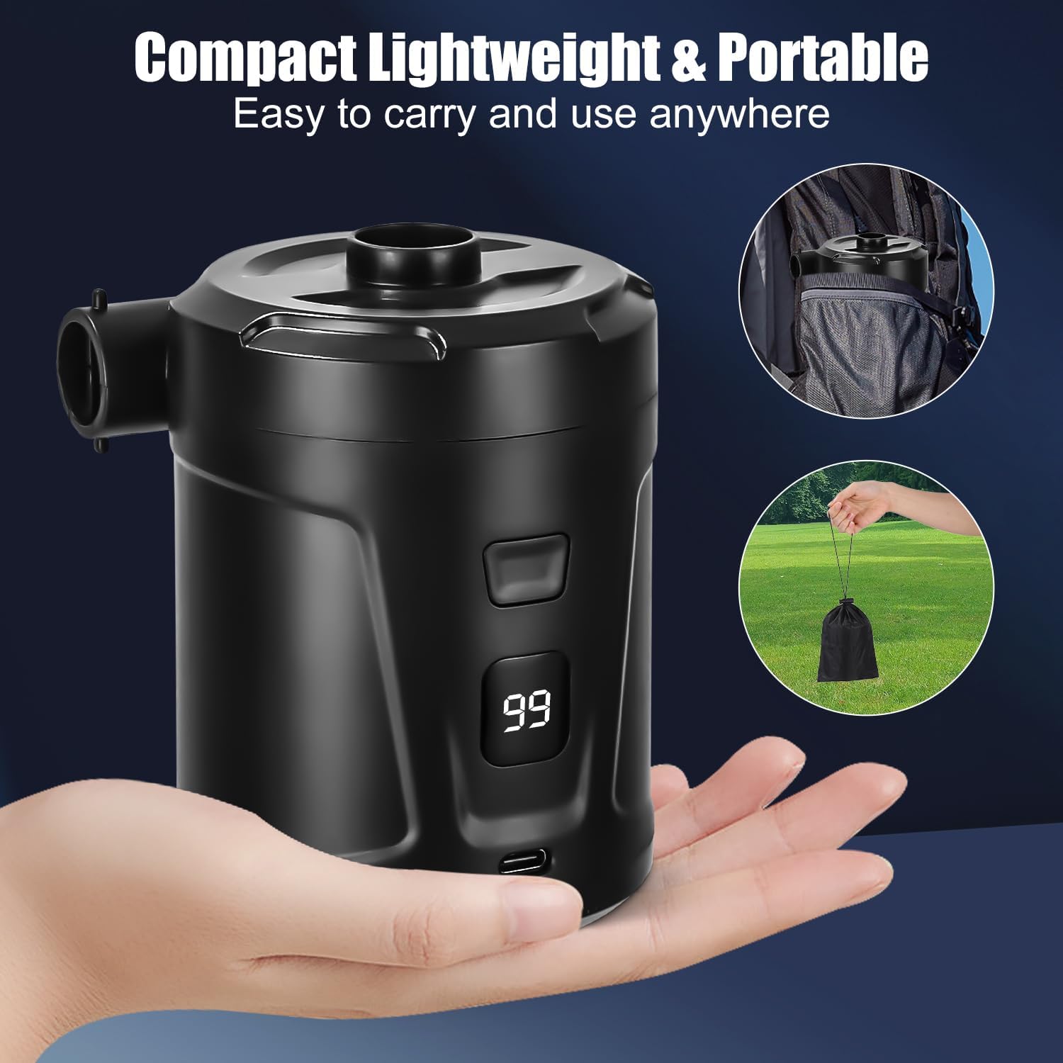 Detalle de Azyvum Pompe à air électrique draadloze luchtpomp, 5200 mAh en 3 mondstukken