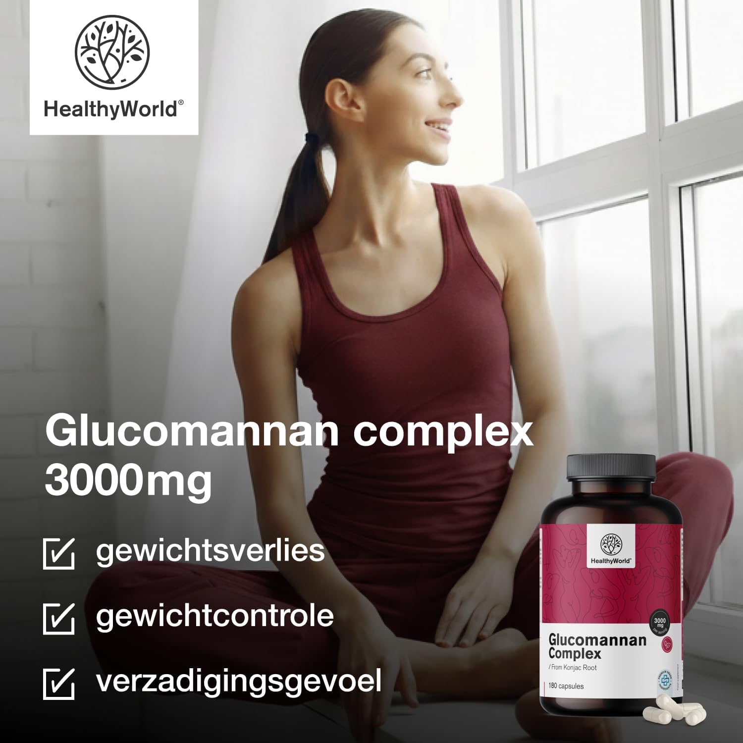 Detalle de HealthyWorld Glucomannan Complex 3000 mg capsules met choline, chroom en D3